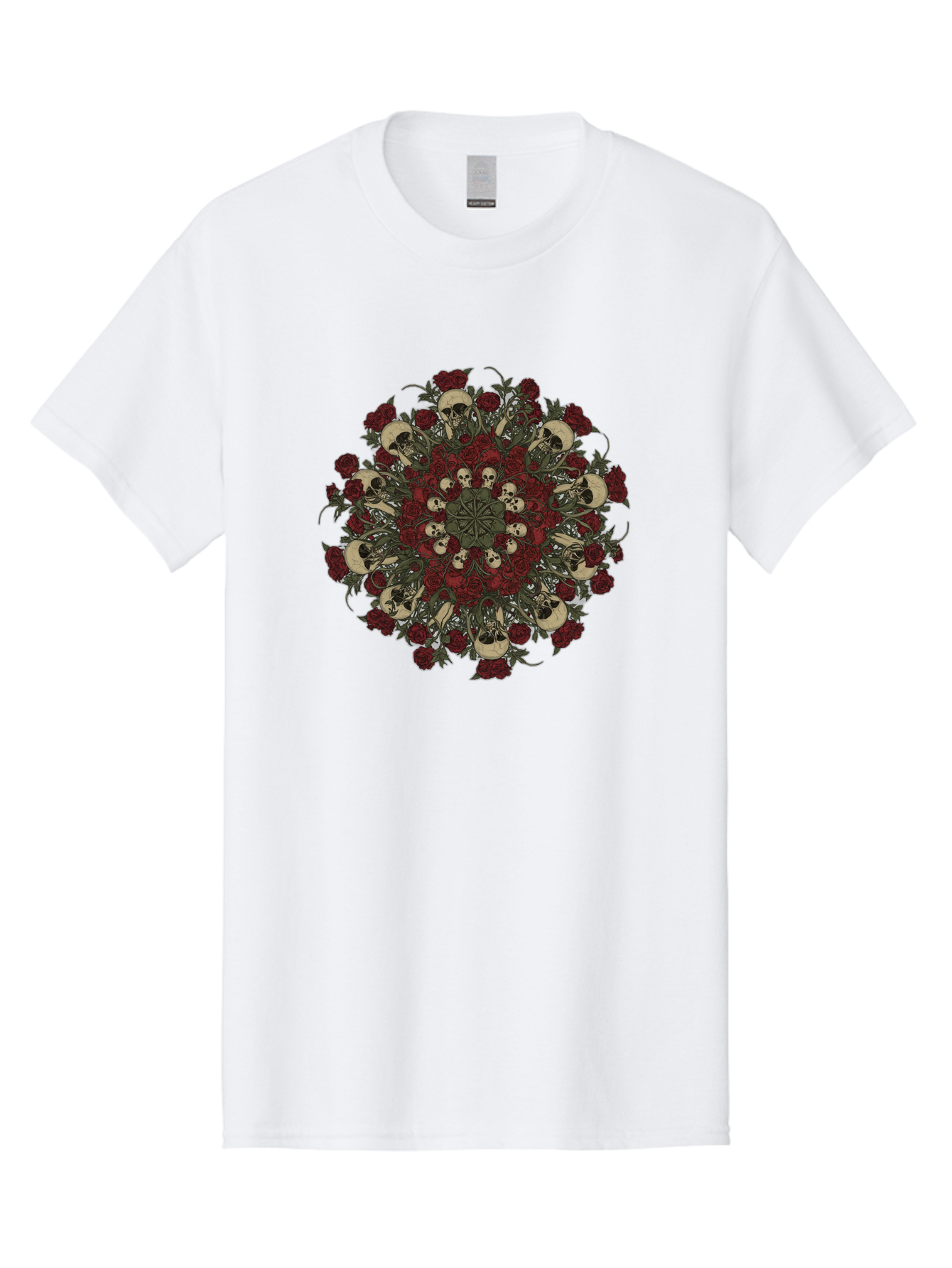 Skull-Rose-Mandala Men'S Graphic Tee, 100% Cotton, Comfortable Casual Summer Wear, Machine Washable, Skull Mandala, Dark Art, Floral Design, Red Roses, Skulls And Flowers, Intricate Patterns, Gothic Style, Mystical Symbols, Sacred Geometry, Bad606
