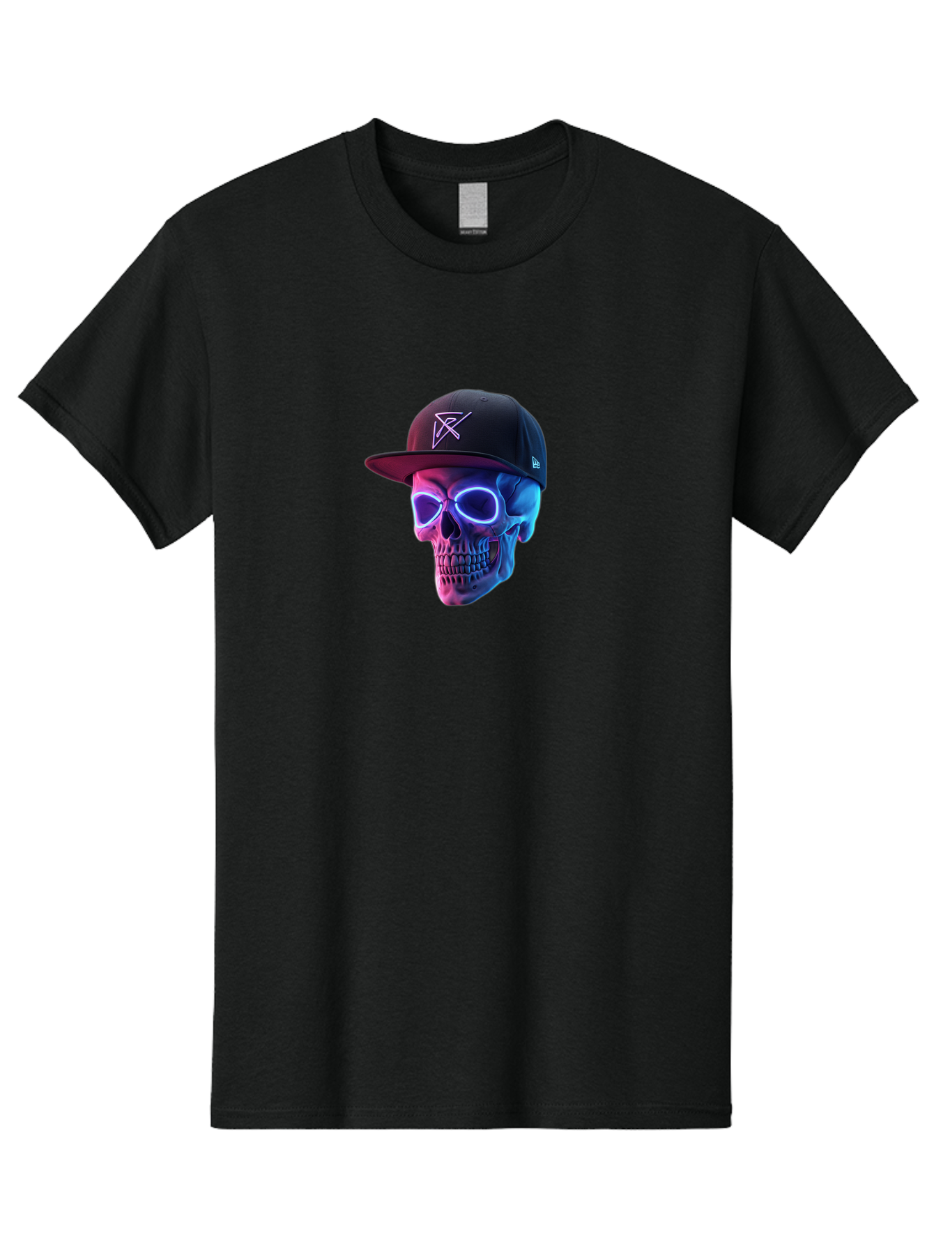 Skull-With-Baseball-Cap Men'S Graphic Tee, 100% Cotton, Comfortable Casual Summer Wear, Machine Washable, Glowing Skull, Neon Eyes, Zx Hat Logo, Futuristic Design, Edgy Style, Bold Graphics, Streetwear Fashion, Skull Art Bad607