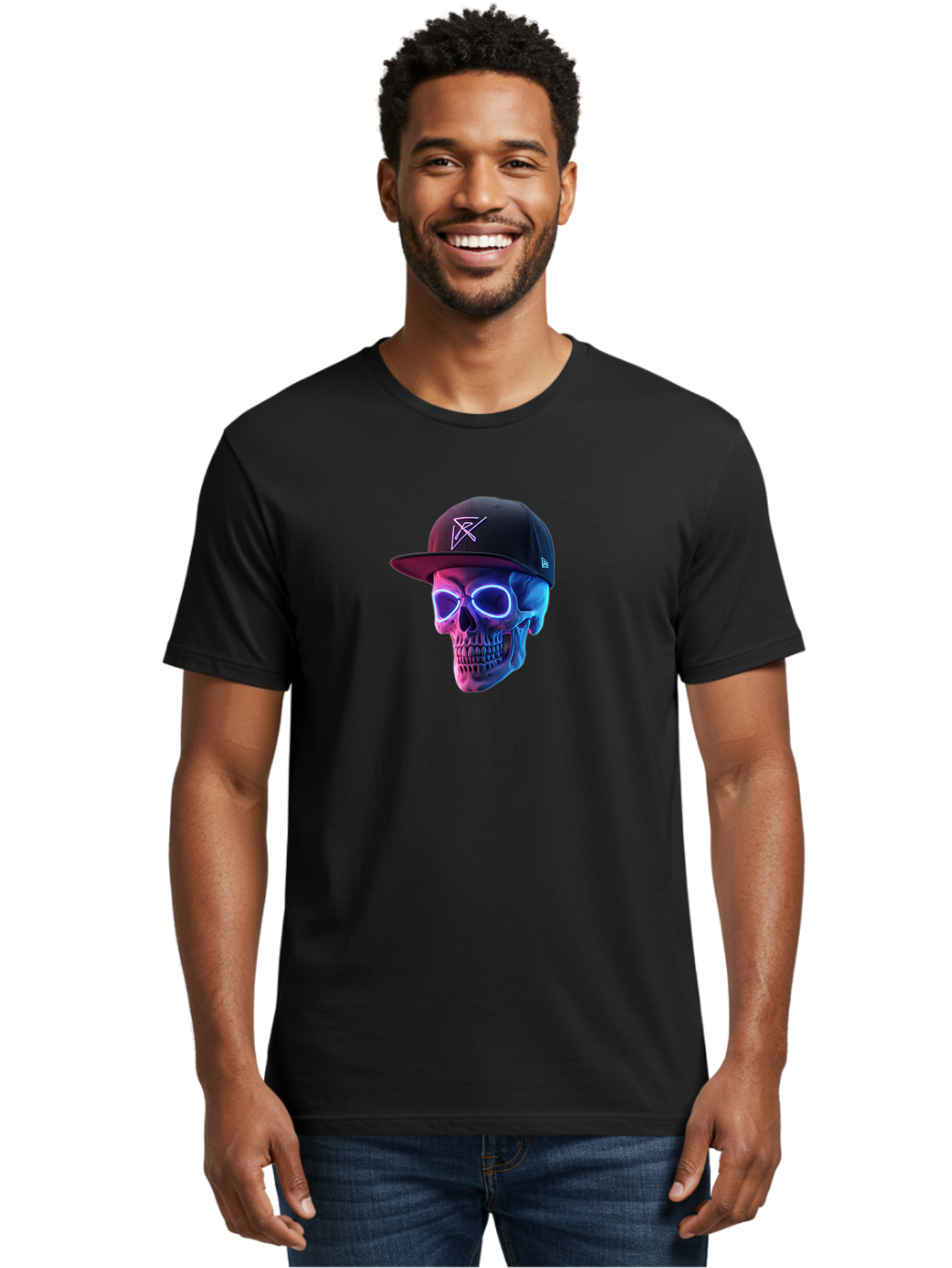 Skull-With-Baseball-Cap Men'S Graphic Tee, 100% Cotton, Comfortable Casual Summer Wear, Machine Washable, Glowing Skull, Neon Eyes, Zx Hat Logo, Futuristic Design, Edgy Style, Bold Graphics, Streetwear Fashion, Skull Art Bad607