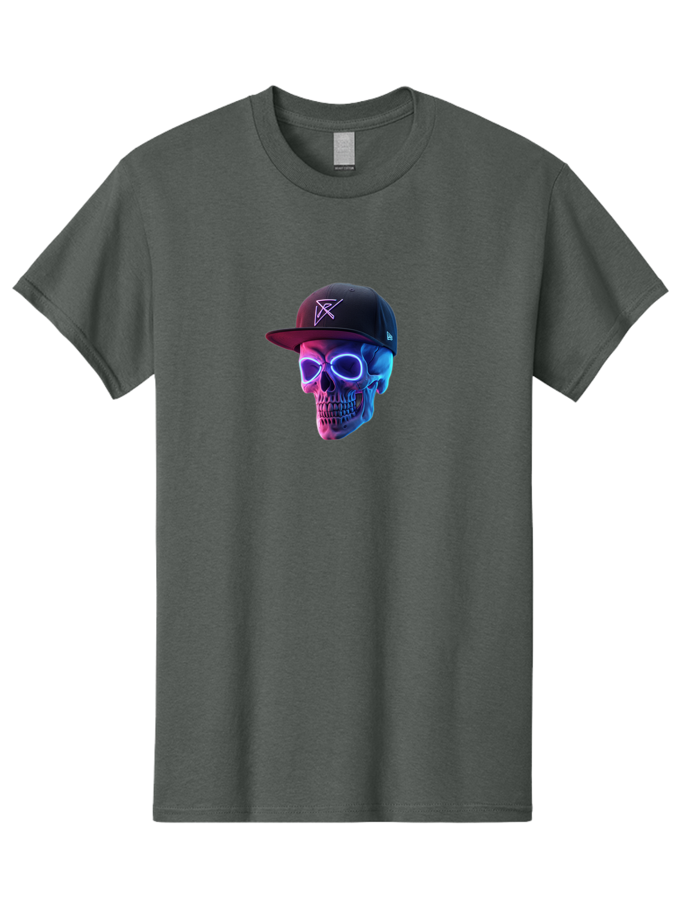 Skull-With-Baseball-Cap Men'S Graphic Tee, 100% Cotton, Comfortable Casual Summer Wear, Machine Washable, Glowing Skull, Neon Eyes, Zx Hat Logo, Futuristic Design, Edgy Style, Bold Graphics, Streetwear Fashion, Skull Art Bad607