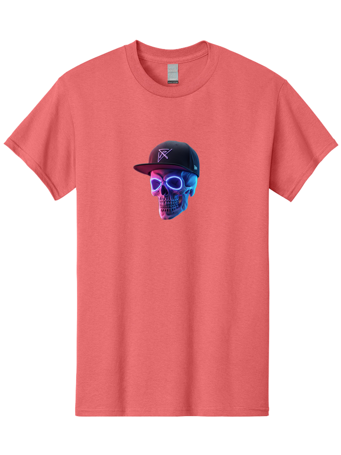 Skull-With-Baseball-Cap Men'S Graphic Tee, 100% Cotton, Comfortable Casual Summer Wear, Machine Washable, Glowing Skull, Neon Eyes, Zx Hat Logo, Futuristic Design, Edgy Style, Bold Graphics, Streetwear Fashion, Skull Art Bad607