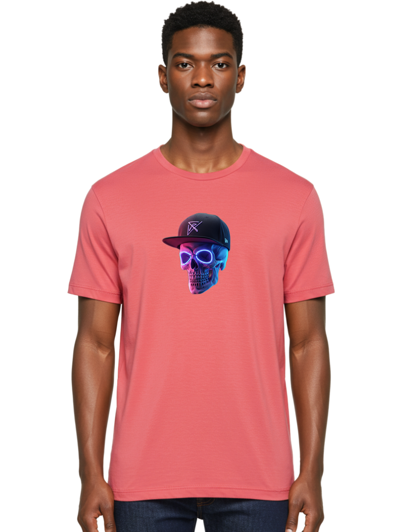 Skull-With-Baseball-Cap Men'S Graphic Tee, 100% Cotton, Comfortable Casual Summer Wear, Machine Washable, Glowing Skull, Neon Eyes, Zx Hat Logo, Futuristic Design, Edgy Style, Bold Graphics, Streetwear Fashion, Skull Art Bad607