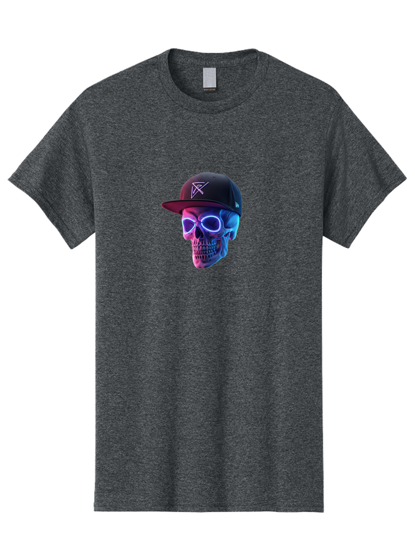 Skull-With-Baseball-Cap Men'S Graphic Tee, 100% Cotton, Comfortable Casual Summer Wear, Machine Washable, Glowing Skull, Neon Eyes, Zx Hat Logo, Futuristic Design, Edgy Style, Bold Graphics, Streetwear Fashion, Skull Art Bad607