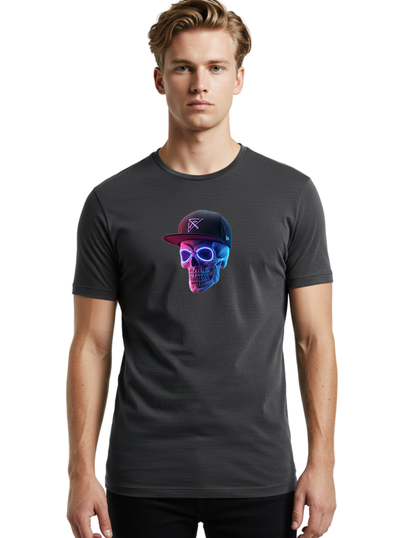 Skull-With-Baseball-Cap Men'S Graphic Tee, 100% Cotton, Comfortable Casual Summer Wear, Machine Washable, Glowing Skull, Neon Eyes, Zx Hat Logo, Futuristic Design, Edgy Style, Bold Graphics, Streetwear Fashion, Skull Art Bad607