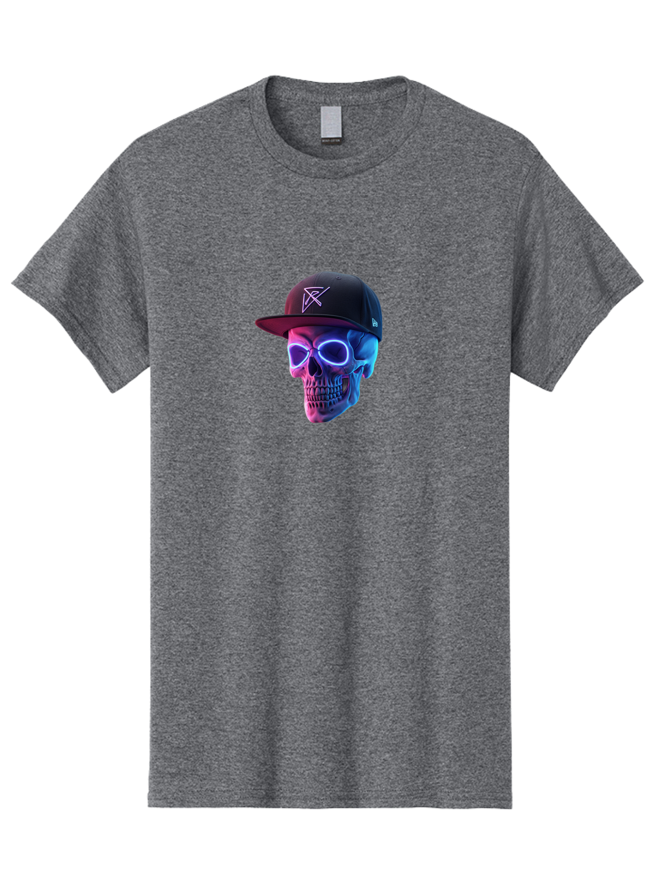 Skull-With-Baseball-Cap Men'S Graphic Tee, 100% Cotton, Comfortable Casual Summer Wear, Machine Washable, Glowing Skull, Neon Eyes, Zx Hat Logo, Futuristic Design, Edgy Style, Bold Graphics, Streetwear Fashion, Skull Art Bad607