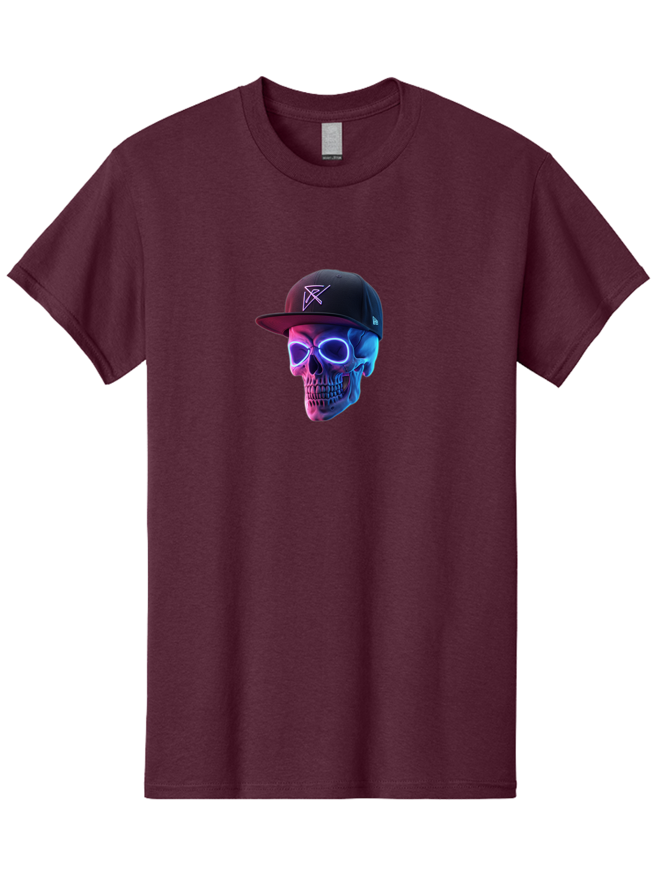 Skull-With-Baseball-Cap Men'S Graphic Tee, 100% Cotton, Comfortable Casual Summer Wear, Machine Washable, Glowing Skull, Neon Eyes, Zx Hat Logo, Futuristic Design, Edgy Style, Bold Graphics, Streetwear Fashion, Skull Art Bad607