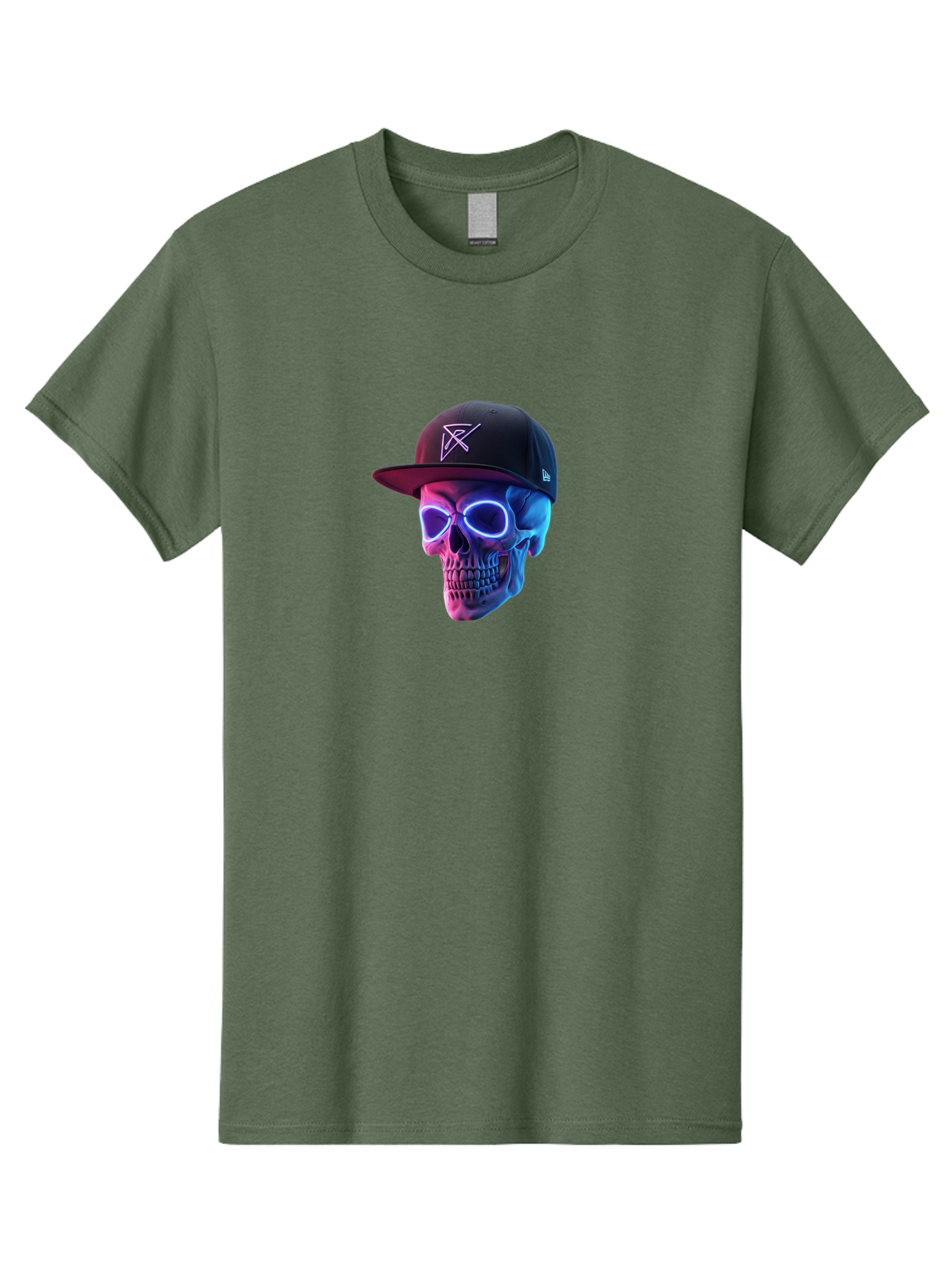 Skull-With-Baseball-Cap Men'S Graphic Tee, 100% Cotton, Comfortable Casual Summer Wear, Machine Washable, Glowing Skull, Neon Eyes, Zx Hat Logo, Futuristic Design, Edgy Style, Bold Graphics, Streetwear Fashion, Skull Art Bad607