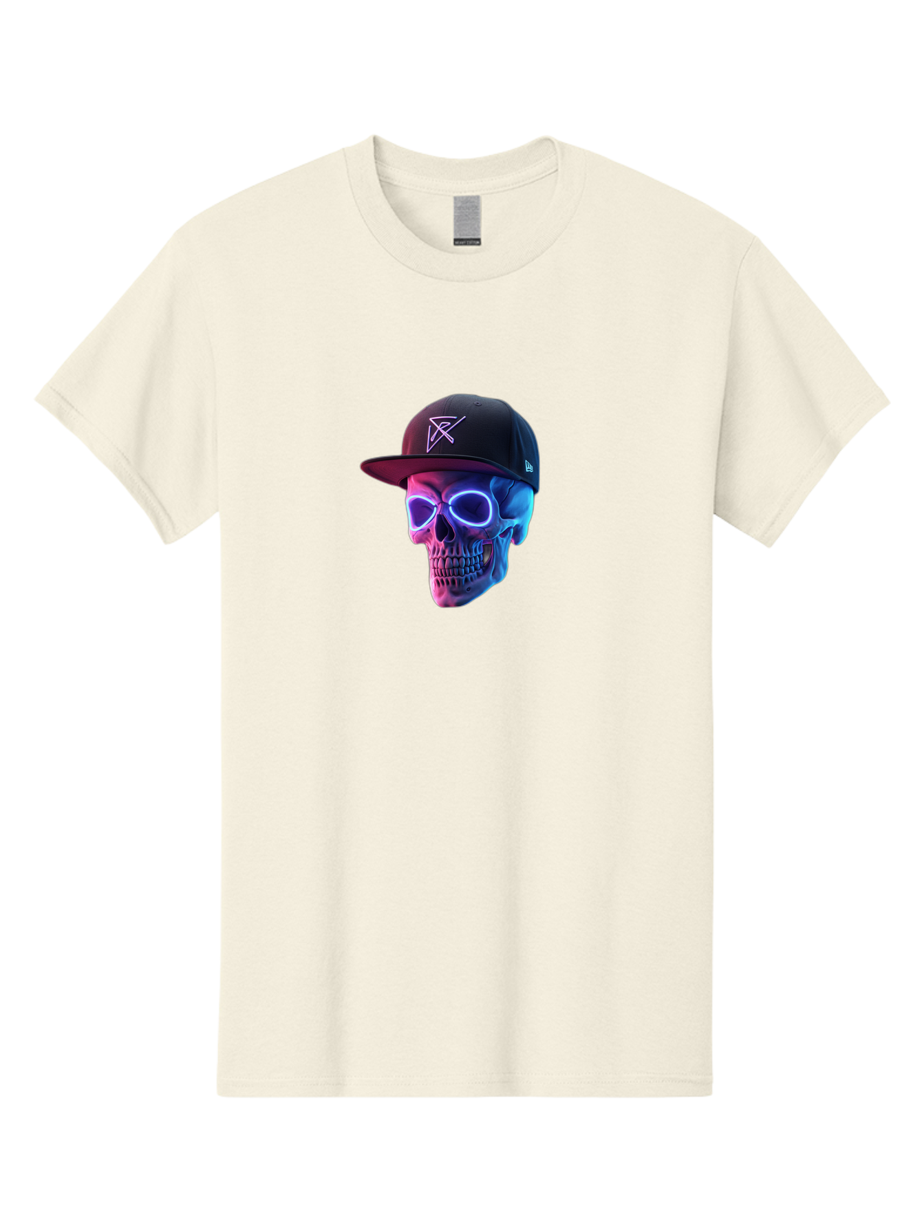 Skull-With-Baseball-Cap Men'S Graphic Tee, 100% Cotton, Comfortable Casual Summer Wear, Machine Washable, Glowing Skull, Neon Eyes, Zx Hat Logo, Futuristic Design, Edgy Style, Bold Graphics, Streetwear Fashion, Skull Art Bad607