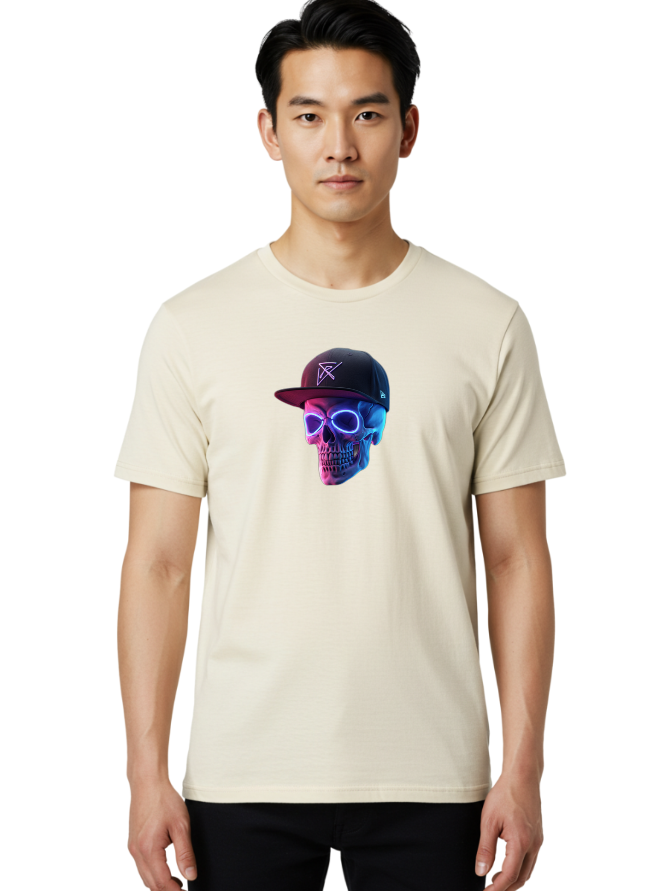 Skull-With-Baseball-Cap Men'S Graphic Tee, 100% Cotton, Comfortable Casual Summer Wear, Machine Washable, Glowing Skull, Neon Eyes, Zx Hat Logo, Futuristic Design, Edgy Style, Bold Graphics, Streetwear Fashion, Skull Art Bad607