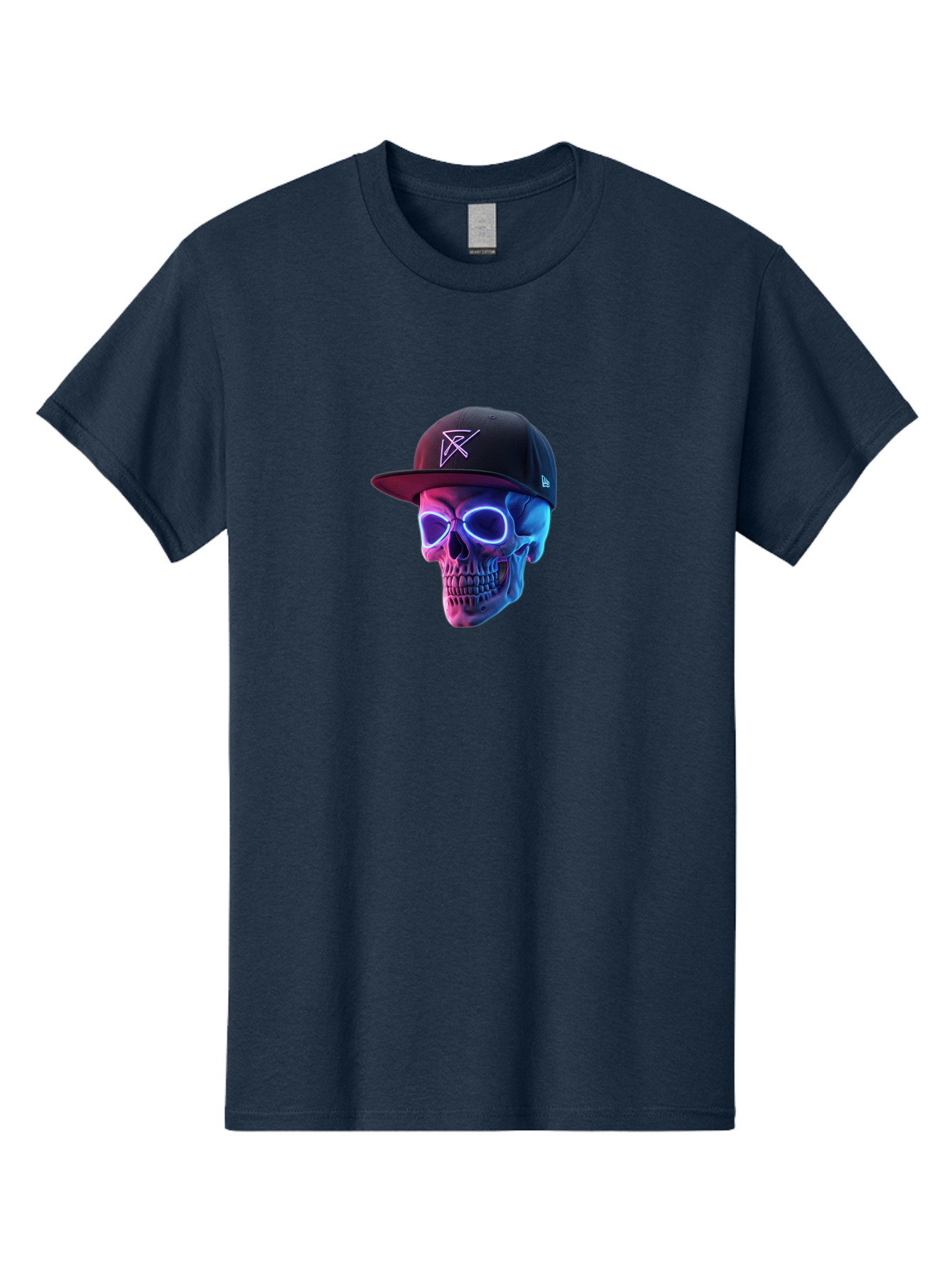 Skull-With-Baseball-Cap Men'S Graphic Tee, 100% Cotton, Comfortable Casual Summer Wear, Machine Washable, Glowing Skull, Neon Eyes, Zx Hat Logo, Futuristic Design, Edgy Style, Bold Graphics, Streetwear Fashion, Skull Art Bad607