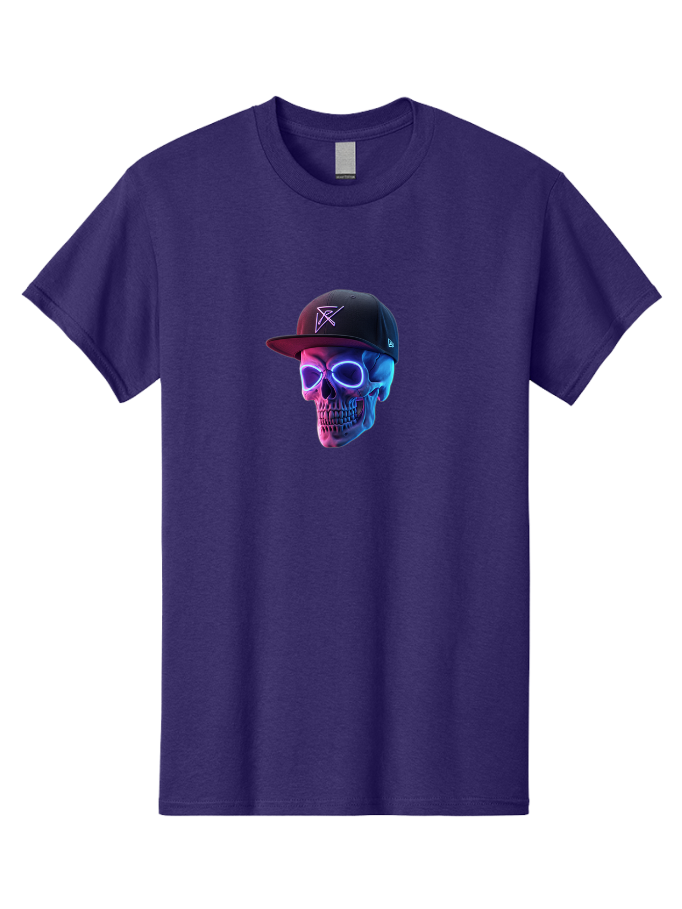 Skull-With-Baseball-Cap Men'S Graphic Tee, 100% Cotton, Comfortable Casual Summer Wear, Machine Washable, Glowing Skull, Neon Eyes, Zx Hat Logo, Futuristic Design, Edgy Style, Bold Graphics, Streetwear Fashion, Skull Art Bad607