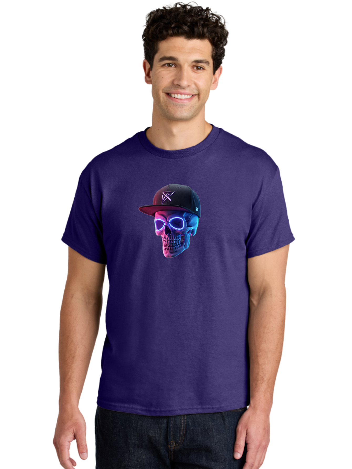 Skull-With-Baseball-Cap Men'S Graphic Tee, 100% Cotton, Comfortable Casual Summer Wear, Machine Washable, Glowing Skull, Neon Eyes, Zx Hat Logo, Futuristic Design, Edgy Style, Bold Graphics, Streetwear Fashion, Skull Art Bad607