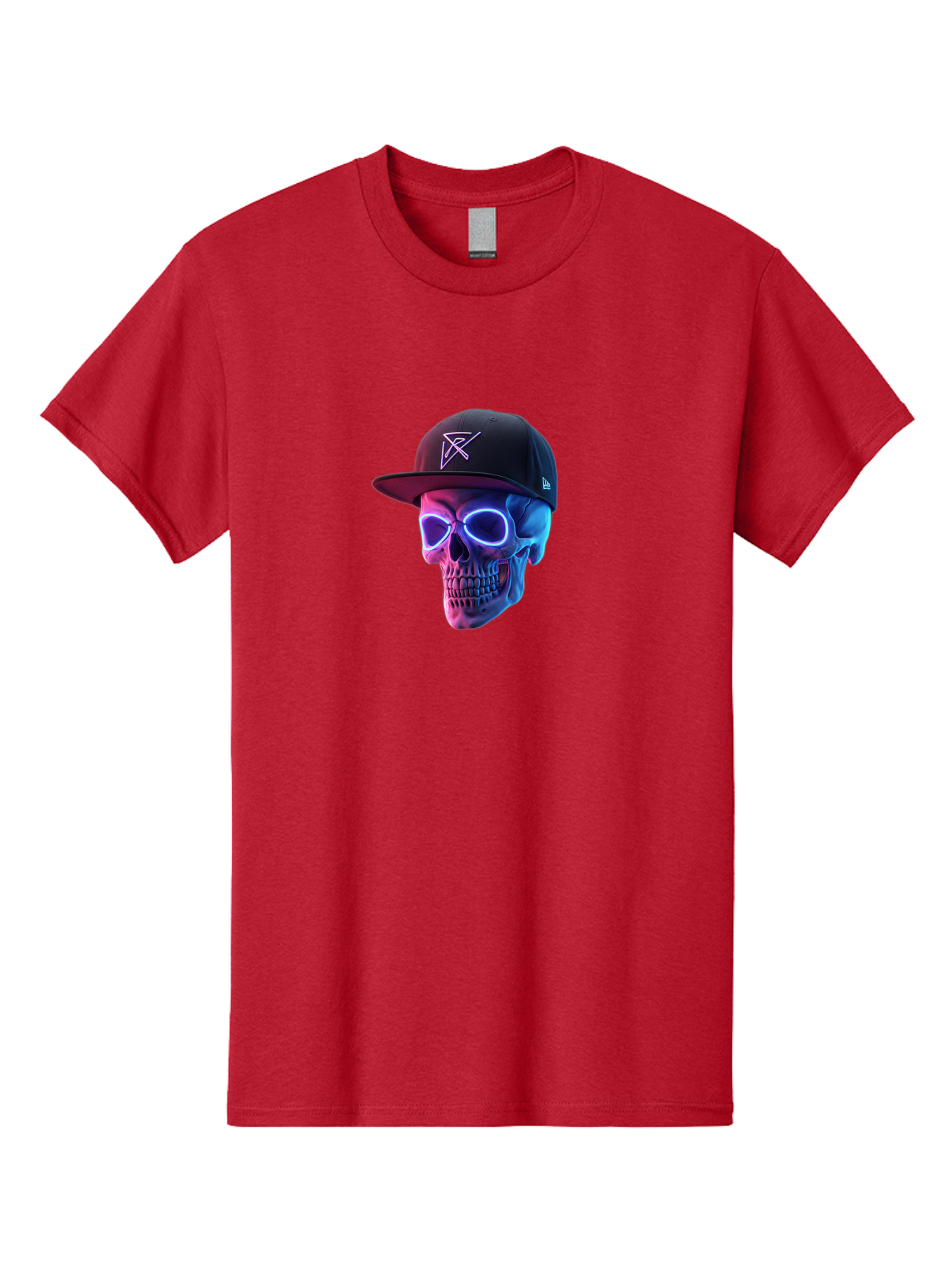 Skull-With-Baseball-Cap Men'S Graphic Tee, 100% Cotton, Comfortable Casual Summer Wear, Machine Washable, Glowing Skull, Neon Eyes, Zx Hat Logo, Futuristic Design, Edgy Style, Bold Graphics, Streetwear Fashion, Skull Art Bad607