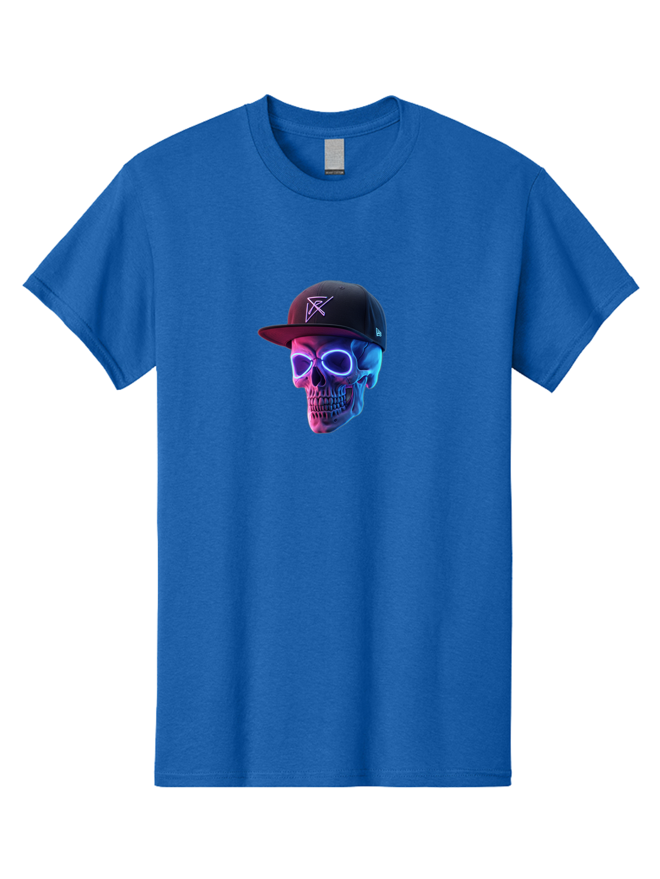Skull-With-Baseball-Cap Men'S Graphic Tee, 100% Cotton, Comfortable Casual Summer Wear, Machine Washable, Glowing Skull, Neon Eyes, Zx Hat Logo, Futuristic Design, Edgy Style, Bold Graphics, Streetwear Fashion, Skull Art Bad607