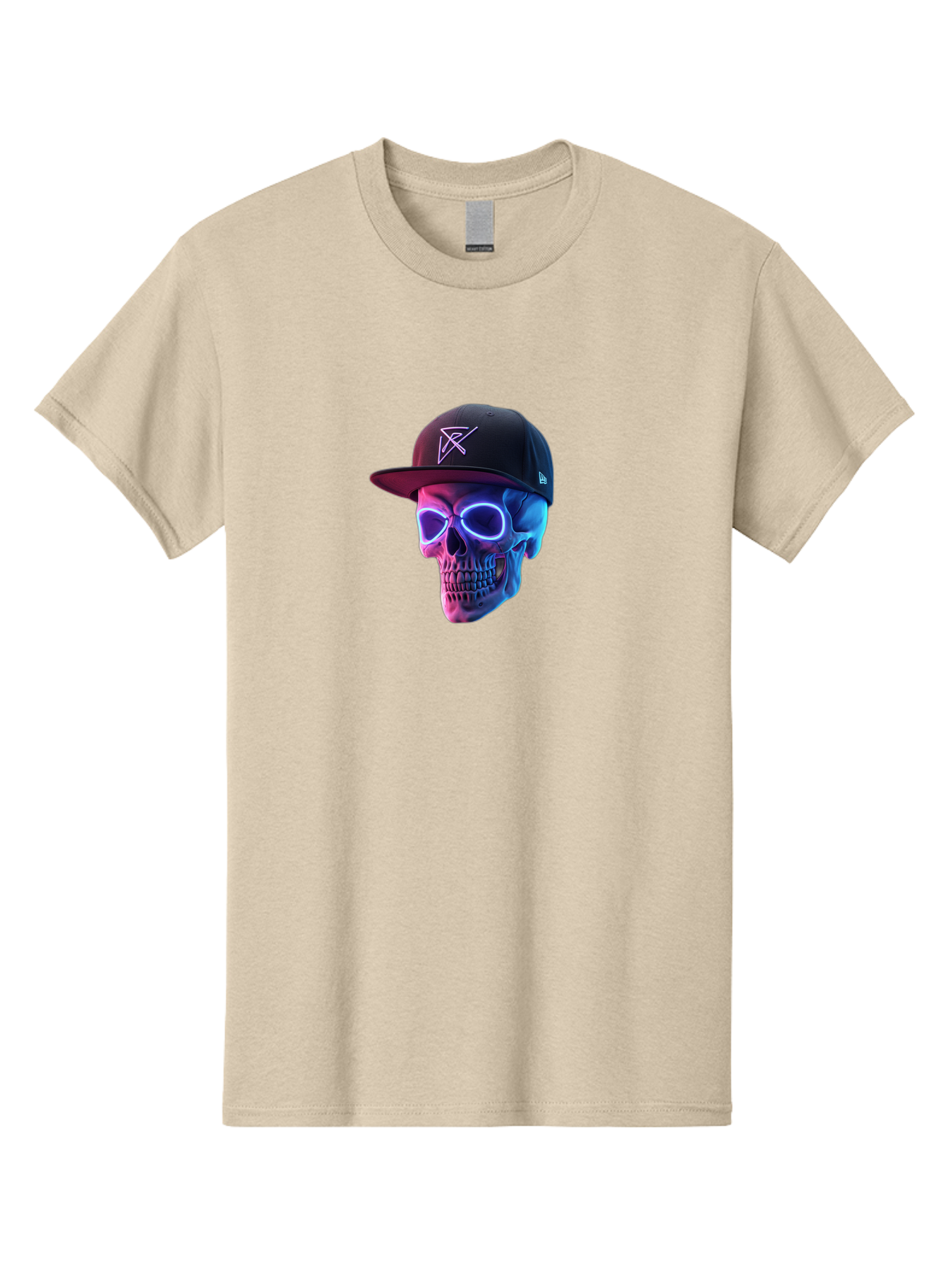Skull-With-Baseball-Cap Men'S Graphic Tee, 100% Cotton, Comfortable Casual Summer Wear, Machine Washable, Glowing Skull, Neon Eyes, Zx Hat Logo, Futuristic Design, Edgy Style, Bold Graphics, Streetwear Fashion, Skull Art Bad607