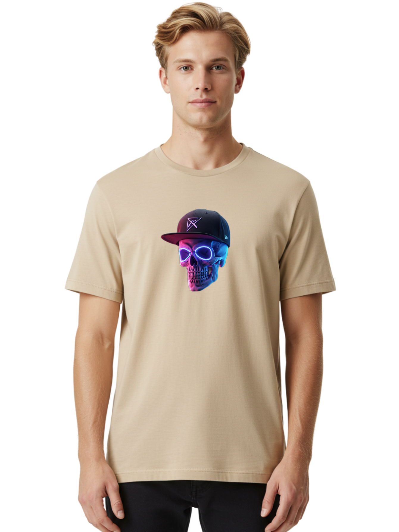 Skull-With-Baseball-Cap Men'S Graphic Tee, 100% Cotton, Comfortable Casual Summer Wear, Machine Washable, Glowing Skull, Neon Eyes, Zx Hat Logo, Futuristic Design, Edgy Style, Bold Graphics, Streetwear Fashion, Skull Art Bad607