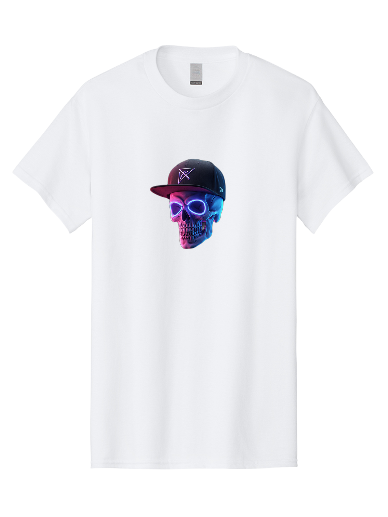 Skull-With-Baseball-Cap Men'S Graphic Tee, 100% Cotton, Comfortable Casual Summer Wear, Machine Washable, Glowing Skull, Neon Eyes, Zx Hat Logo, Futuristic Design, Edgy Style, Bold Graphics, Streetwear Fashion, Skull Art Bad607