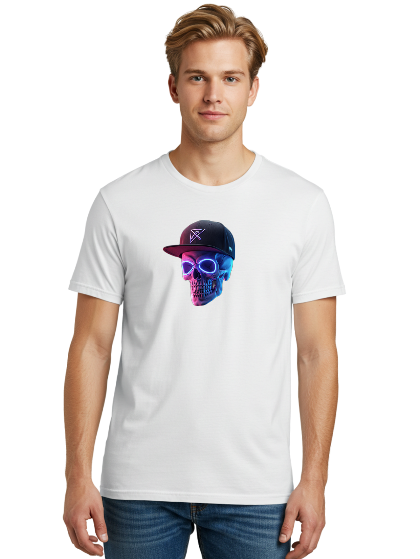 Skull-With-Baseball-Cap Men'S Graphic Tee, 100% Cotton, Comfortable Casual Summer Wear, Machine Washable, Glowing Skull, Neon Eyes, Zx Hat Logo, Futuristic Design, Edgy Style, Bold Graphics, Streetwear Fashion, Skull Art Bad607