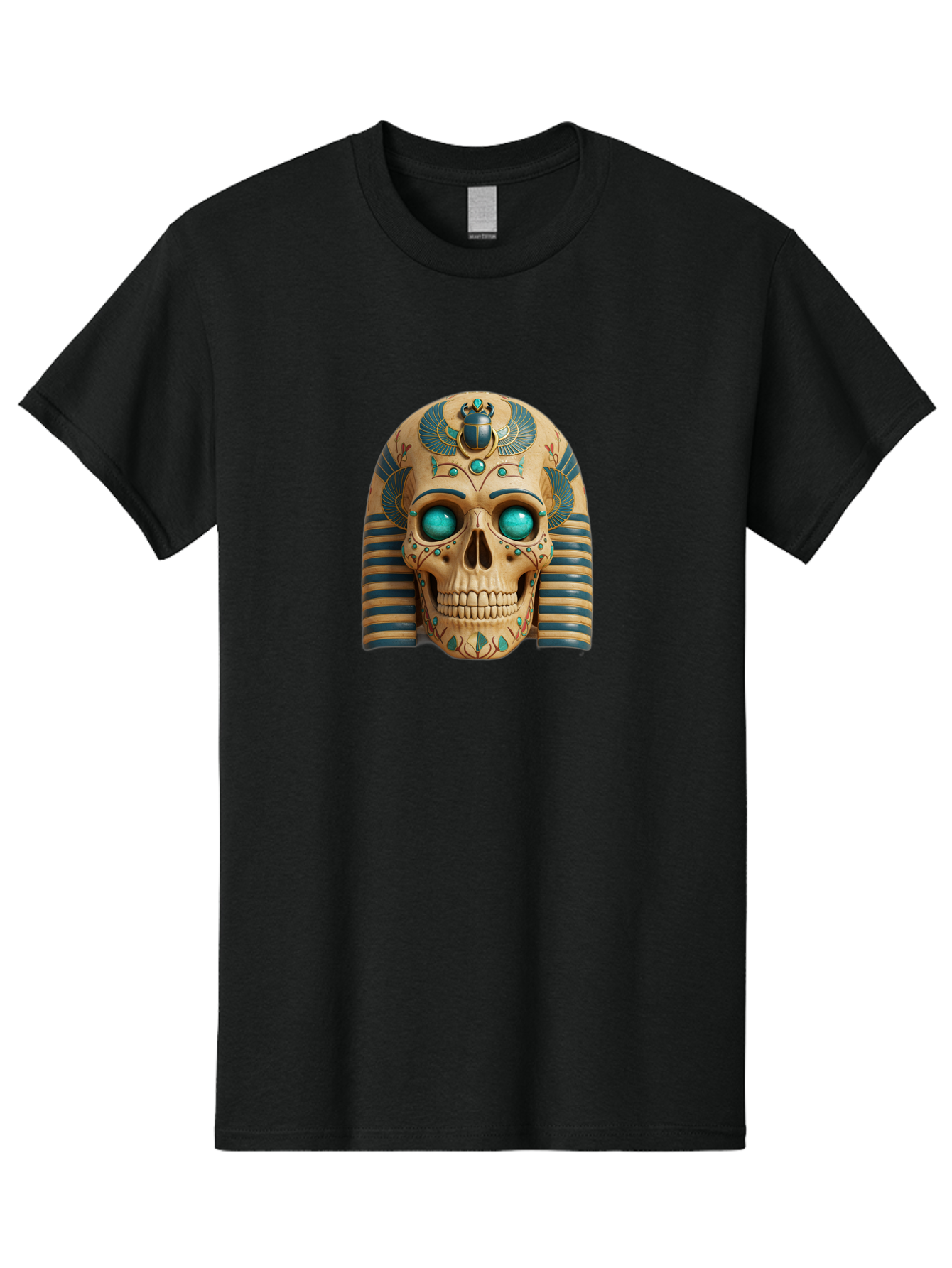 Skull-With-Egyptian-Headdress Men'S Graphic Tee, 100% Cotton, Comfortable Casual Summer Wear, Machine Washable, Ancient Egyptian Skull, Pharaoh'S Mask, Turquoise Gemstones, Blue Stripes, Scarab Beetle, Mystical Symbols, Intricate Designs, Bad608