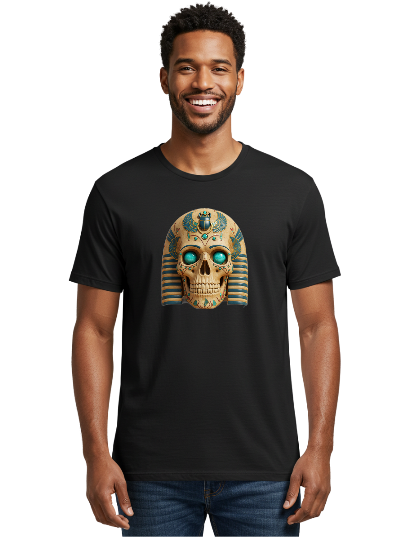 Skull-With-Egyptian-Headdress Men'S Graphic Tee, 100% Cotton, Comfortable Casual Summer Wear, Machine Washable, Ancient Egyptian Skull, Pharaoh'S Mask, Turquoise Gemstones, Blue Stripes, Scarab Beetle, Mystical Symbols, Intricate Designs, Bad608
