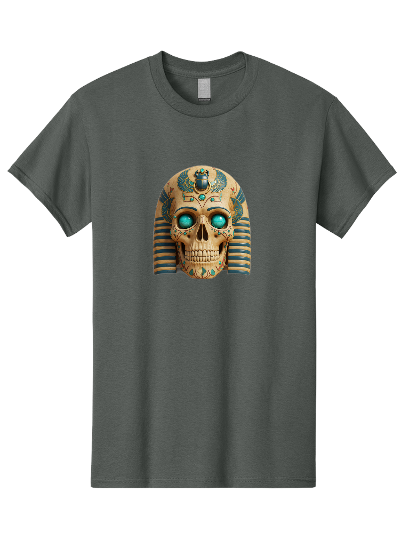 Skull-With-Egyptian-Headdress Men'S Graphic Tee, 100% Cotton, Comfortable Casual Summer Wear, Machine Washable, Ancient Egyptian Skull, Pharaoh'S Mask, Turquoise Gemstones, Blue Stripes, Scarab Beetle, Mystical Symbols, Intricate Designs, Bad608