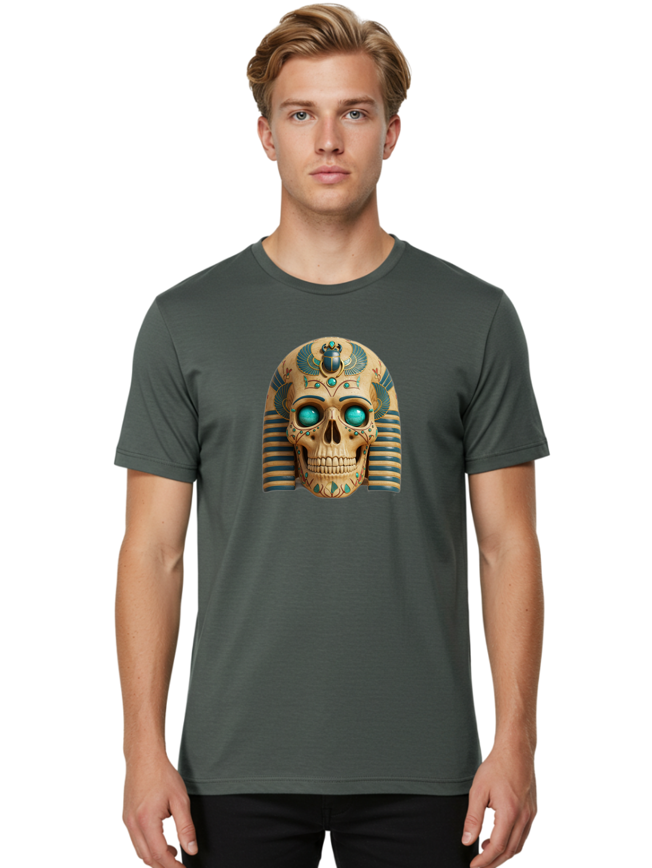 Skull-With-Egyptian-Headdress Men'S Graphic Tee, 100% Cotton, Comfortable Casual Summer Wear, Machine Washable, Ancient Egyptian Skull, Pharaoh'S Mask, Turquoise Gemstones, Blue Stripes, Scarab Beetle, Mystical Symbols, Intricate Designs, Bad608