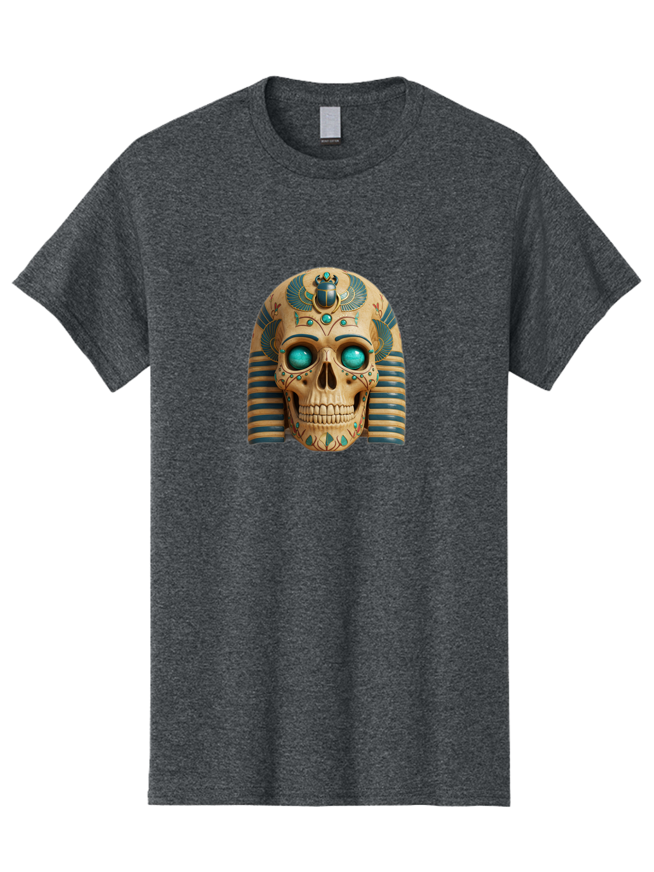 Skull-With-Egyptian-Headdress Men'S Graphic Tee, 100% Cotton, Comfortable Casual Summer Wear, Machine Washable, Ancient Egyptian Skull, Pharaoh'S Mask, Turquoise Gemstones, Blue Stripes, Scarab Beetle, Mystical Symbols, Intricate Designs, Bad608