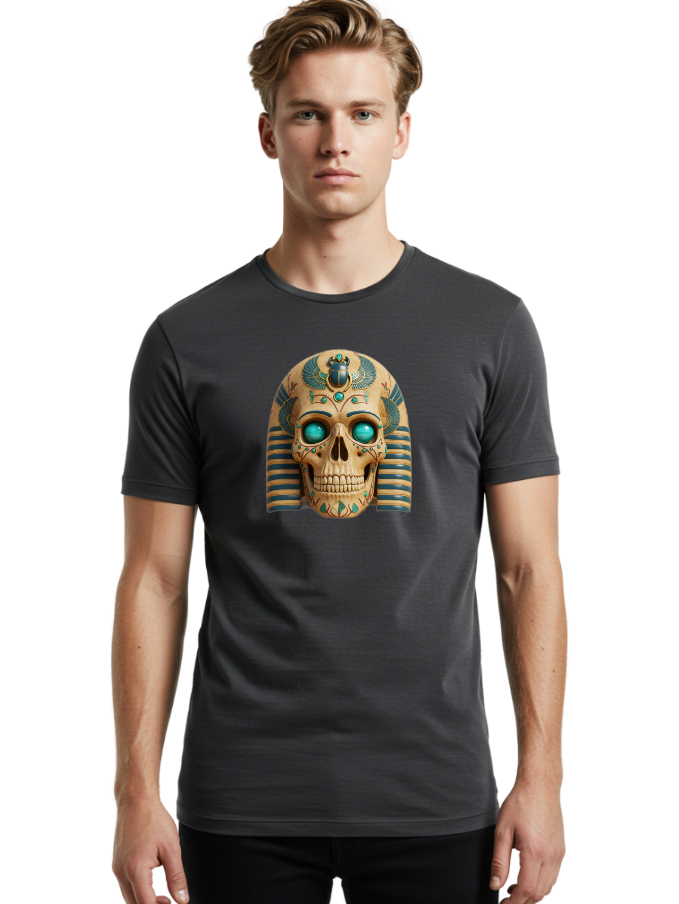 Skull-With-Egyptian-Headdress Men'S Graphic Tee, 100% Cotton, Comfortable Casual Summer Wear, Machine Washable, Ancient Egyptian Skull, Pharaoh'S Mask, Turquoise Gemstones, Blue Stripes, Scarab Beetle, Mystical Symbols, Intricate Designs, Bad608