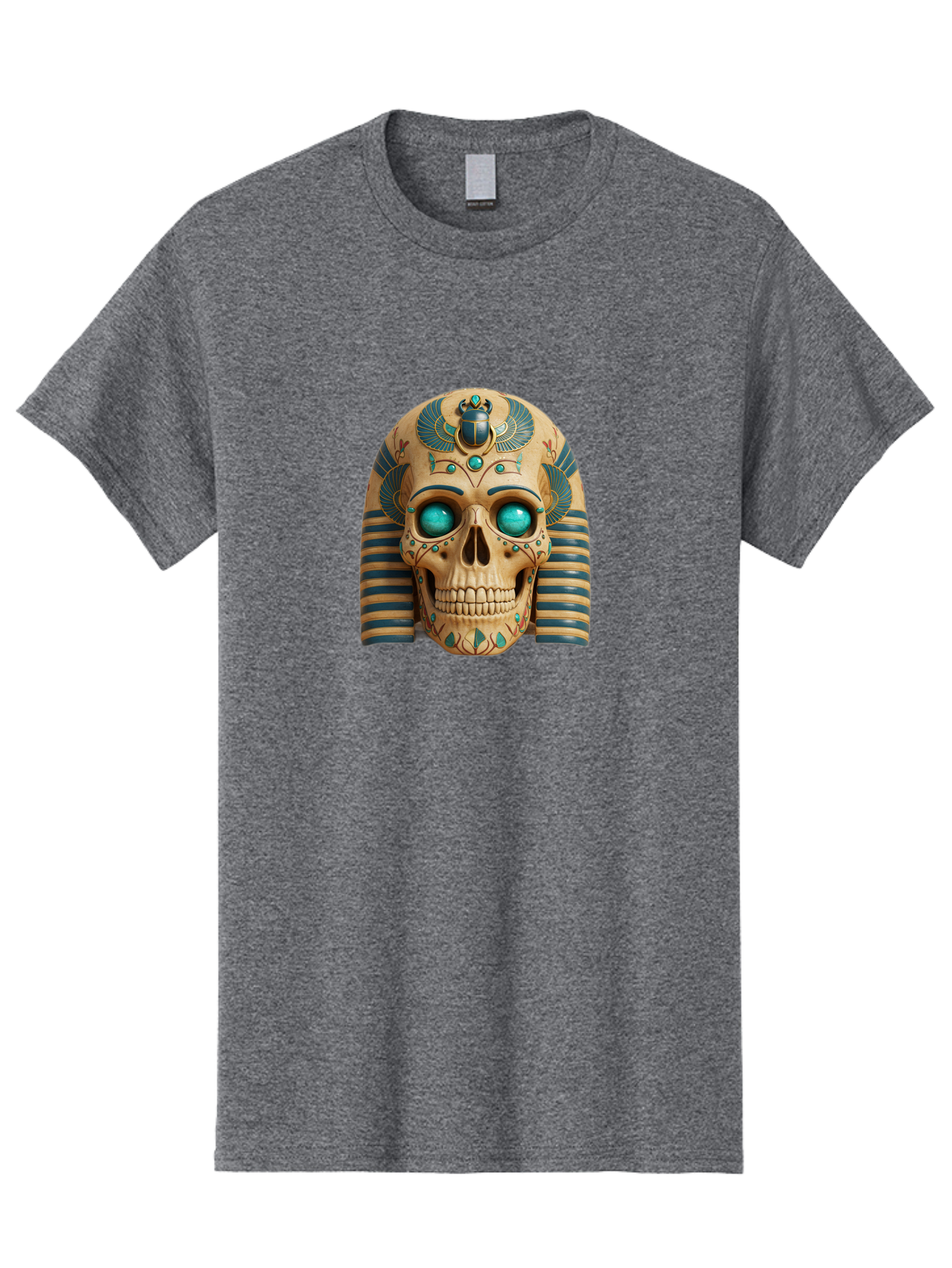 Skull-With-Egyptian-Headdress Men'S Graphic Tee, 100% Cotton, Comfortable Casual Summer Wear, Machine Washable, Ancient Egyptian Skull, Pharaoh'S Mask, Turquoise Gemstones, Blue Stripes, Scarab Beetle, Mystical Symbols, Intricate Designs, Bad608