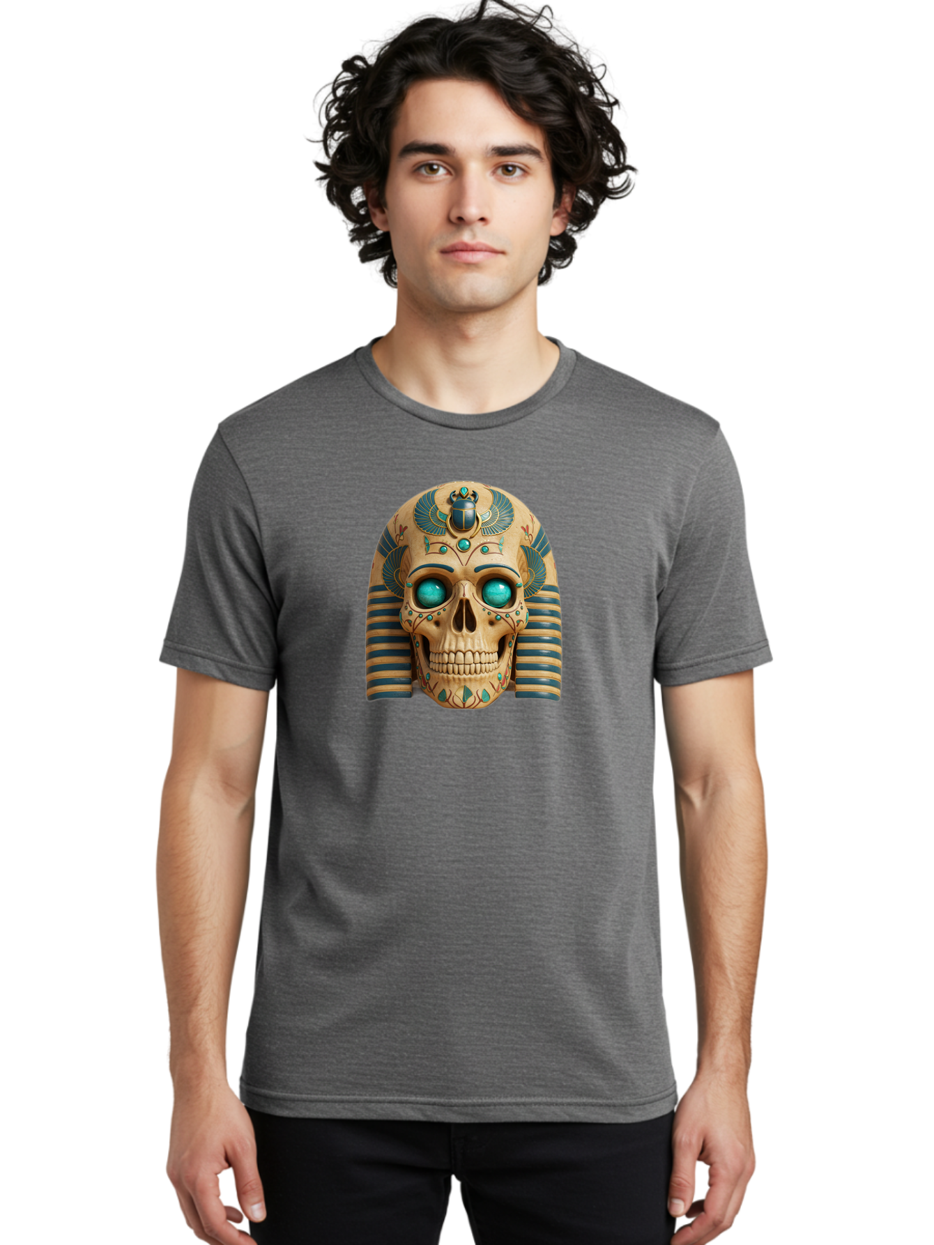 Skull-With-Egyptian-Headdress Men'S Graphic Tee, 100% Cotton, Comfortable Casual Summer Wear, Machine Washable, Ancient Egyptian Skull, Pharaoh'S Mask, Turquoise Gemstones, Blue Stripes, Scarab Beetle, Mystical Symbols, Intricate Designs, Bad608