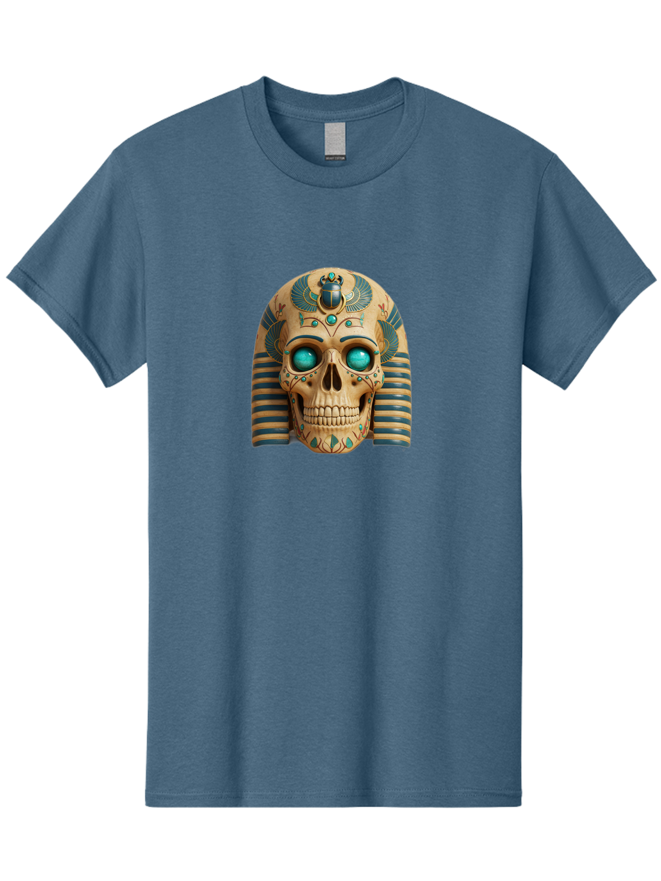 Skull-With-Egyptian-Headdress Men'S Graphic Tee, 100% Cotton, Comfortable Casual Summer Wear, Machine Washable, Ancient Egyptian Skull, Pharaoh'S Mask, Turquoise Gemstones, Blue Stripes, Scarab Beetle, Mystical Symbols, Intricate Designs, Bad608