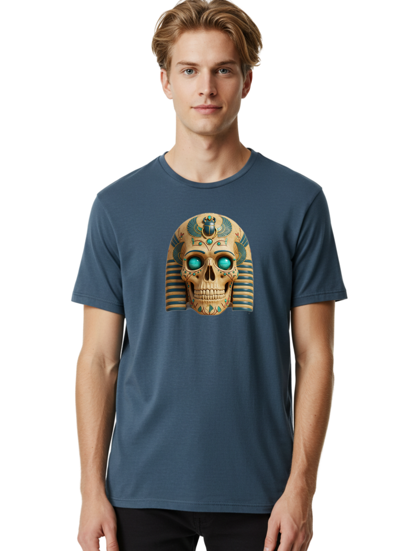 Skull-With-Egyptian-Headdress Men'S Graphic Tee, 100% Cotton, Comfortable Casual Summer Wear, Machine Washable, Ancient Egyptian Skull, Pharaoh'S Mask, Turquoise Gemstones, Blue Stripes, Scarab Beetle, Mystical Symbols, Intricate Designs, Bad608
