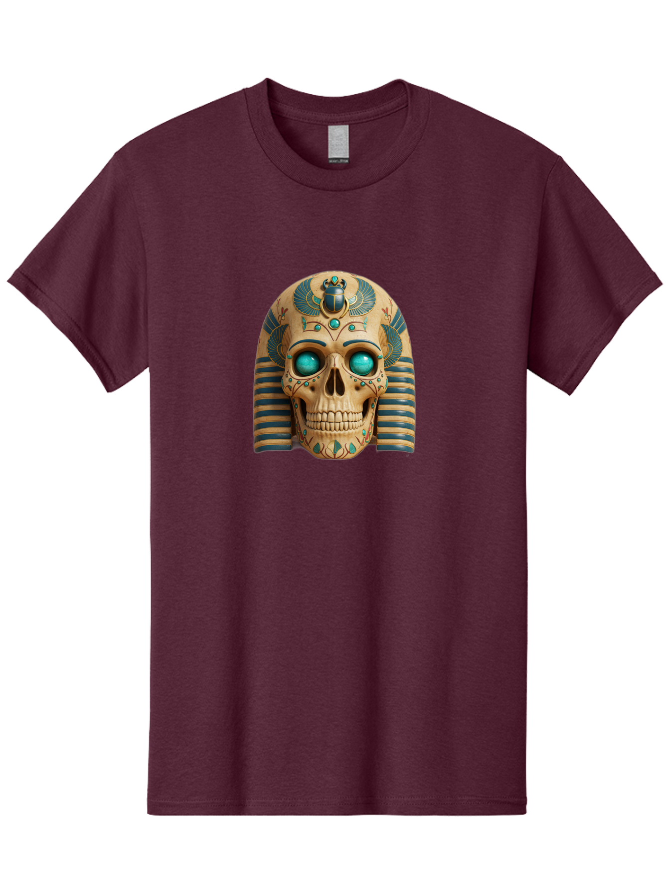 Skull-With-Egyptian-Headdress Men'S Graphic Tee, 100% Cotton, Comfortable Casual Summer Wear, Machine Washable, Ancient Egyptian Skull, Pharaoh'S Mask, Turquoise Gemstones, Blue Stripes, Scarab Beetle, Mystical Symbols, Intricate Designs, Bad608