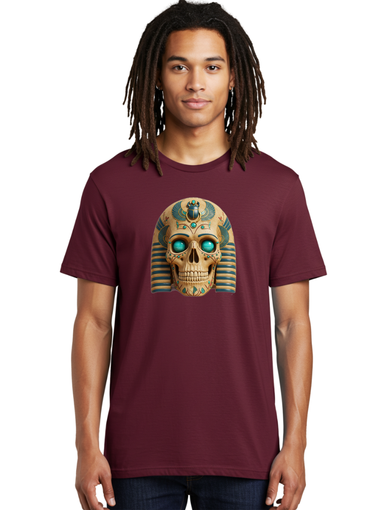 Skull-With-Egyptian-Headdress Men'S Graphic Tee, 100% Cotton, Comfortable Casual Summer Wear, Machine Washable, Ancient Egyptian Skull, Pharaoh'S Mask, Turquoise Gemstones, Blue Stripes, Scarab Beetle, Mystical Symbols, Intricate Designs, Bad608