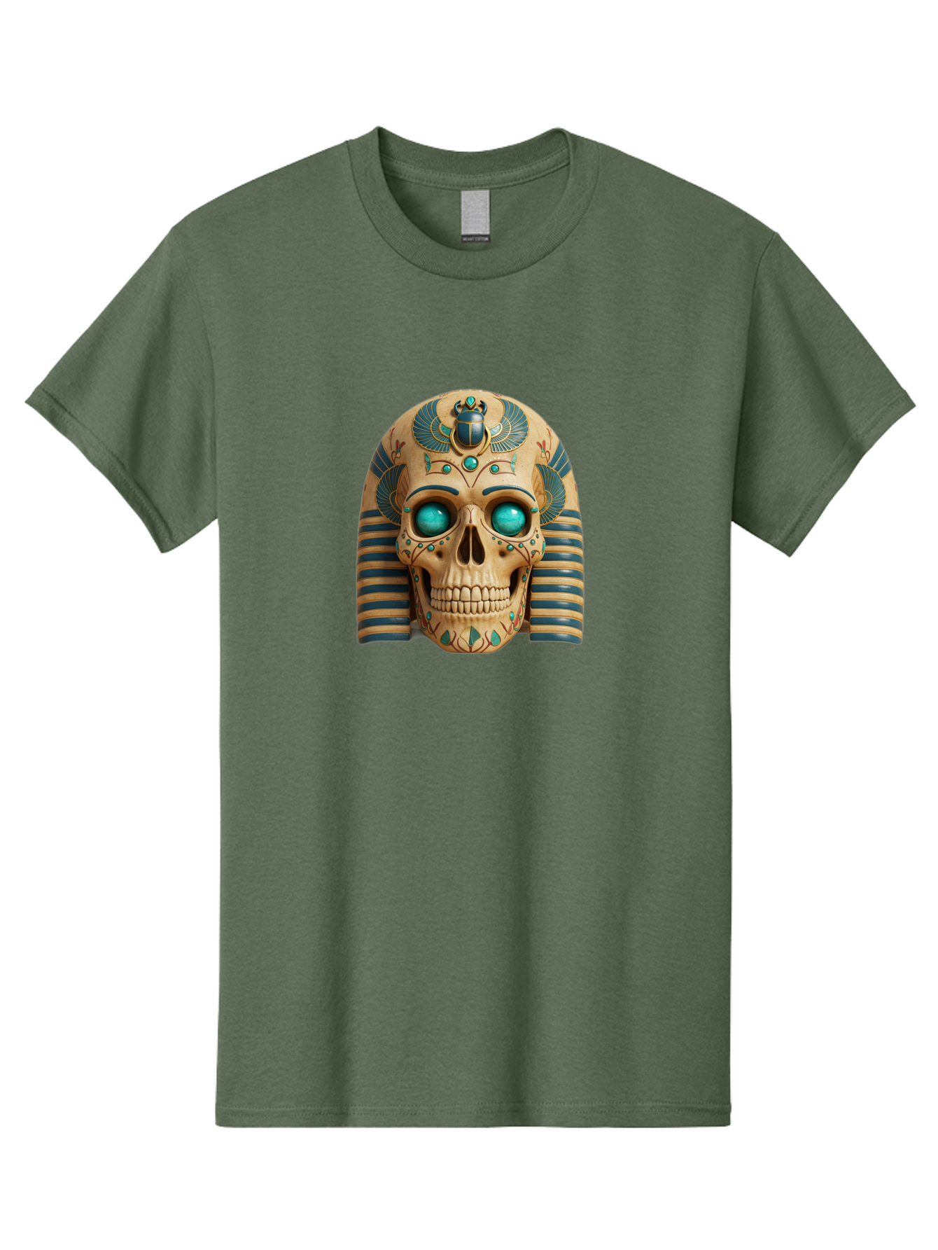 Skull-With-Egyptian-Headdress Men'S Graphic Tee, 100% Cotton, Comfortable Casual Summer Wear, Machine Washable, Ancient Egyptian Skull, Pharaoh'S Mask, Turquoise Gemstones, Blue Stripes, Scarab Beetle, Mystical Symbols, Intricate Designs, Bad608
