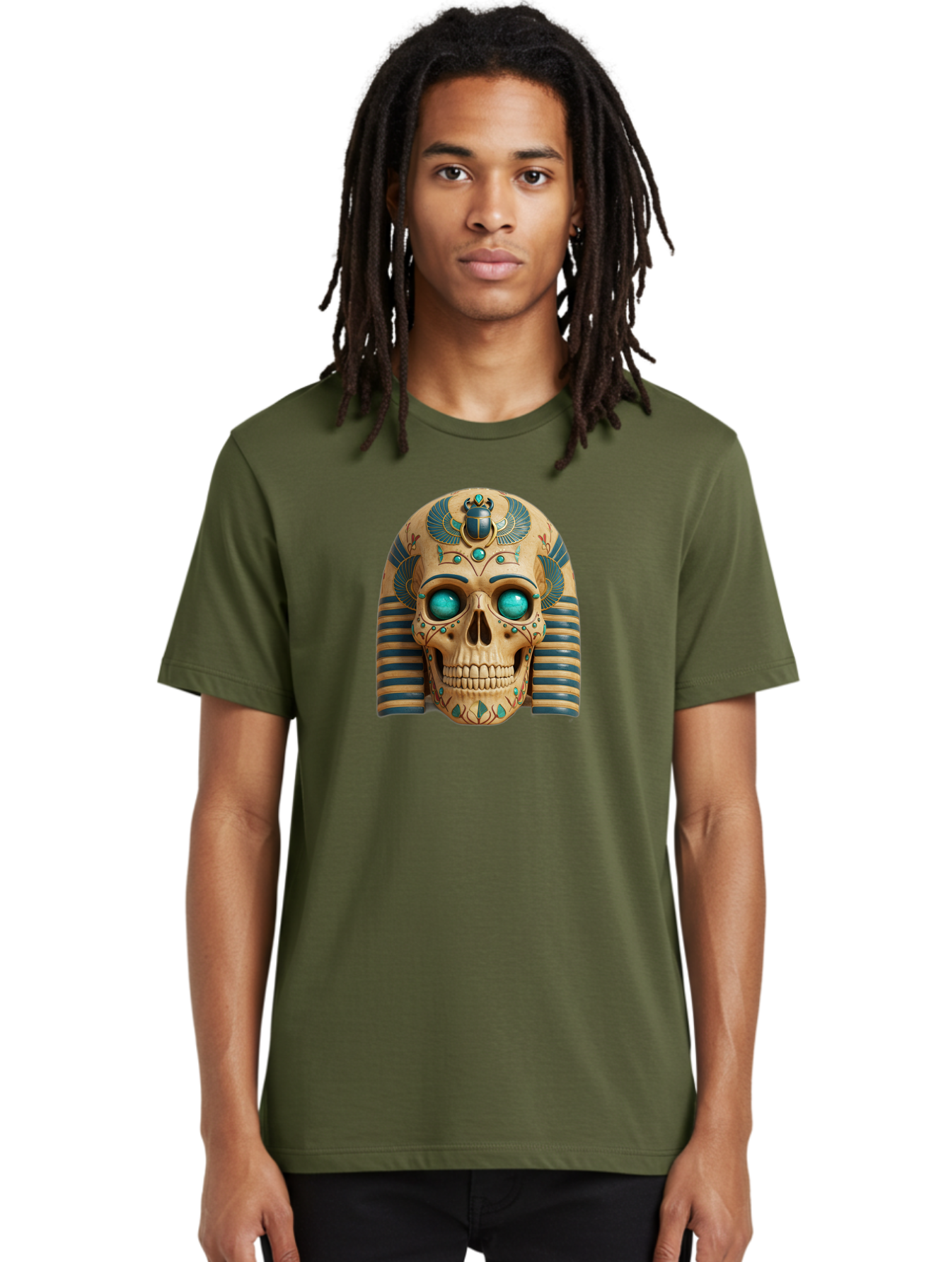 Skull-With-Egyptian-Headdress Men'S Graphic Tee, 100% Cotton, Comfortable Casual Summer Wear, Machine Washable, Ancient Egyptian Skull, Pharaoh'S Mask, Turquoise Gemstones, Blue Stripes, Scarab Beetle, Mystical Symbols, Intricate Designs, Bad608