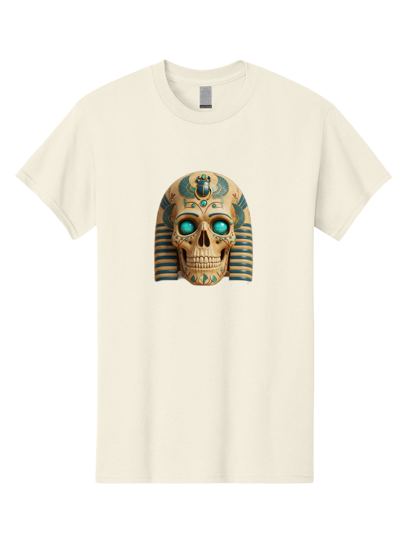 Skull-With-Egyptian-Headdress Men'S Graphic Tee, 100% Cotton, Comfortable Casual Summer Wear, Machine Washable, Ancient Egyptian Skull, Pharaoh'S Mask, Turquoise Gemstones, Blue Stripes, Scarab Beetle, Mystical Symbols, Intricate Designs, Bad608