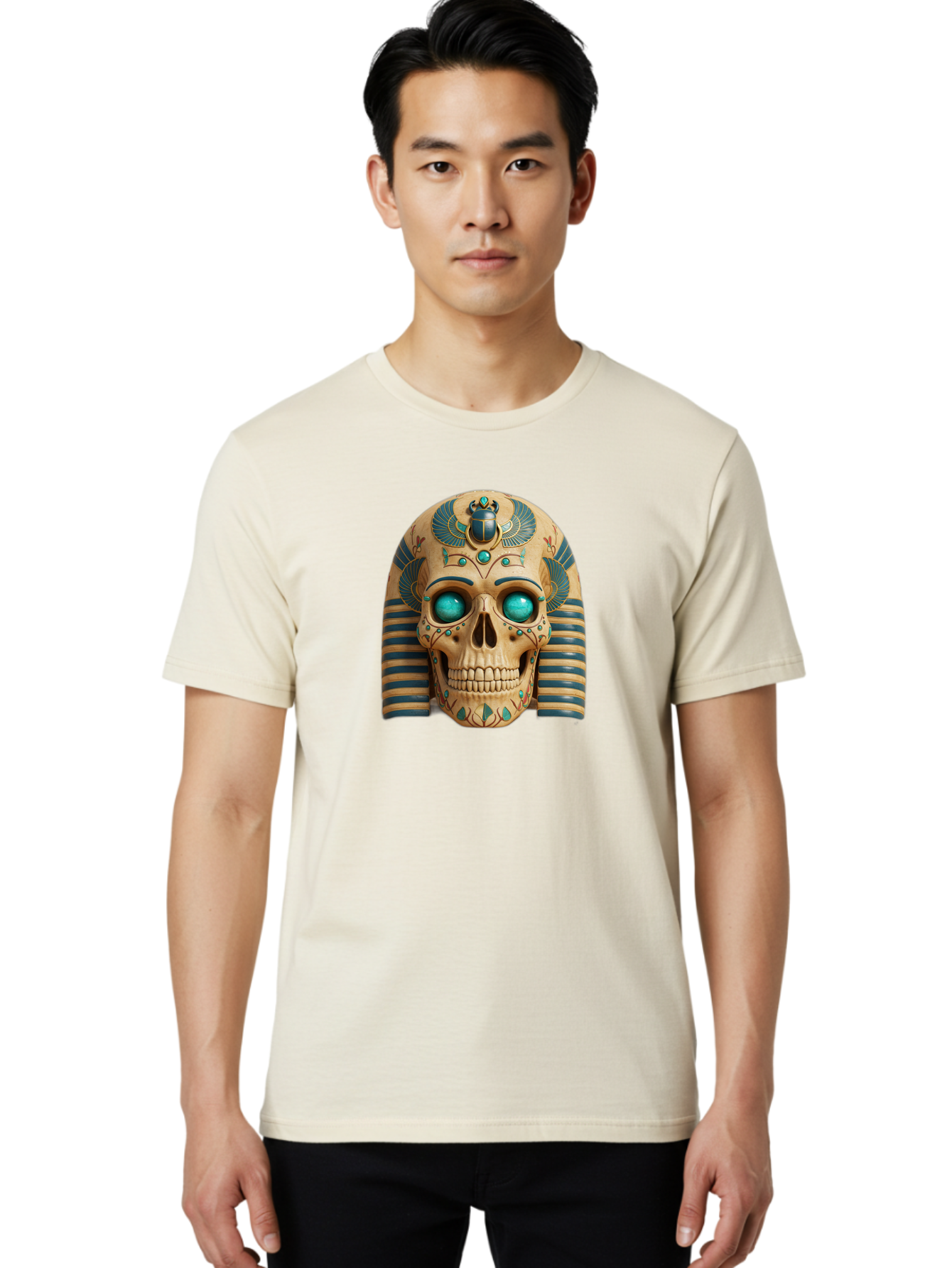 Skull-With-Egyptian-Headdress Men'S Graphic Tee, 100% Cotton, Comfortable Casual Summer Wear, Machine Washable, Ancient Egyptian Skull, Pharaoh'S Mask, Turquoise Gemstones, Blue Stripes, Scarab Beetle, Mystical Symbols, Intricate Designs, Bad608