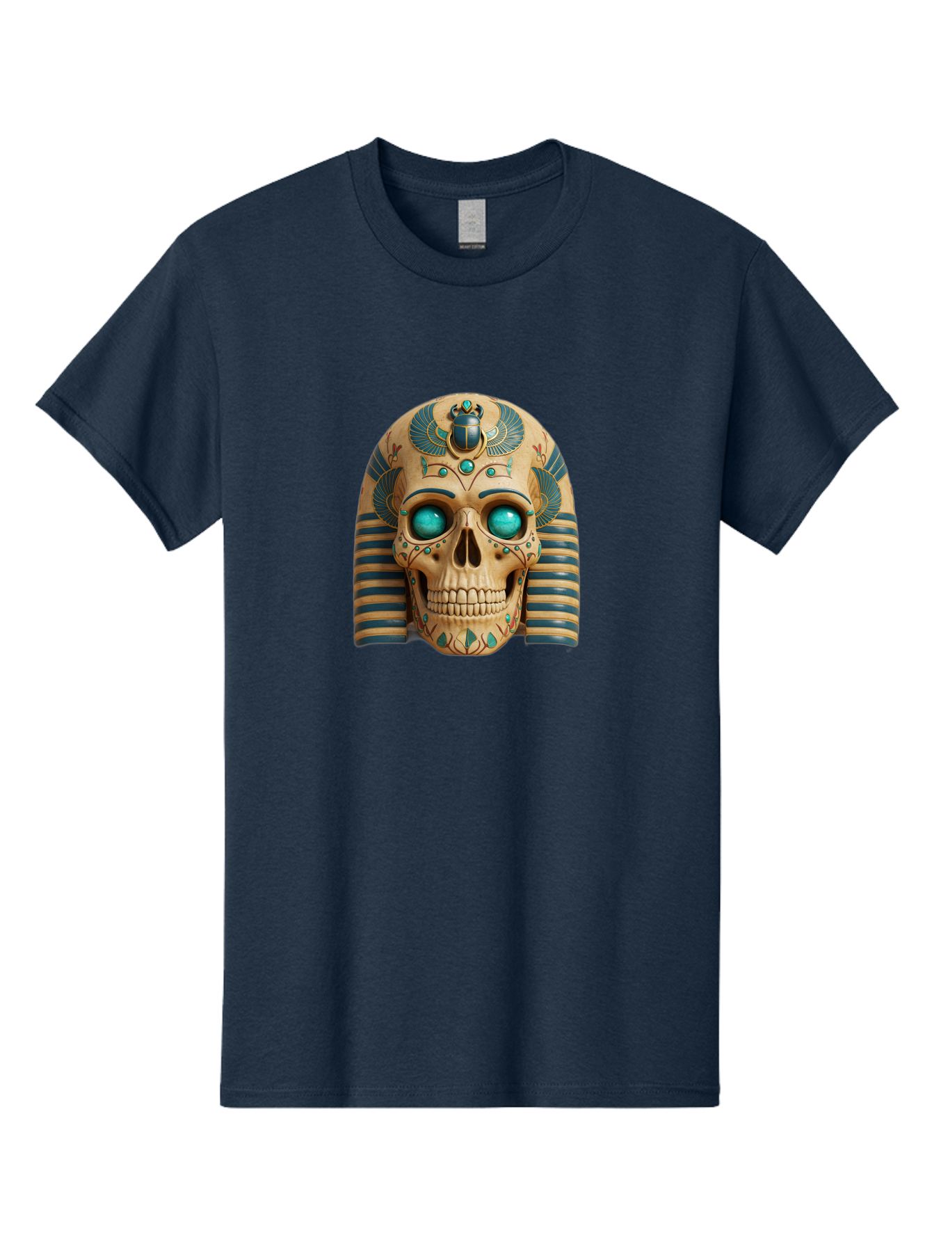Skull-With-Egyptian-Headdress Men'S Graphic Tee, 100% Cotton, Comfortable Casual Summer Wear, Machine Washable, Ancient Egyptian Skull, Pharaoh'S Mask, Turquoise Gemstones, Blue Stripes, Scarab Beetle, Mystical Symbols, Intricate Designs, Bad608