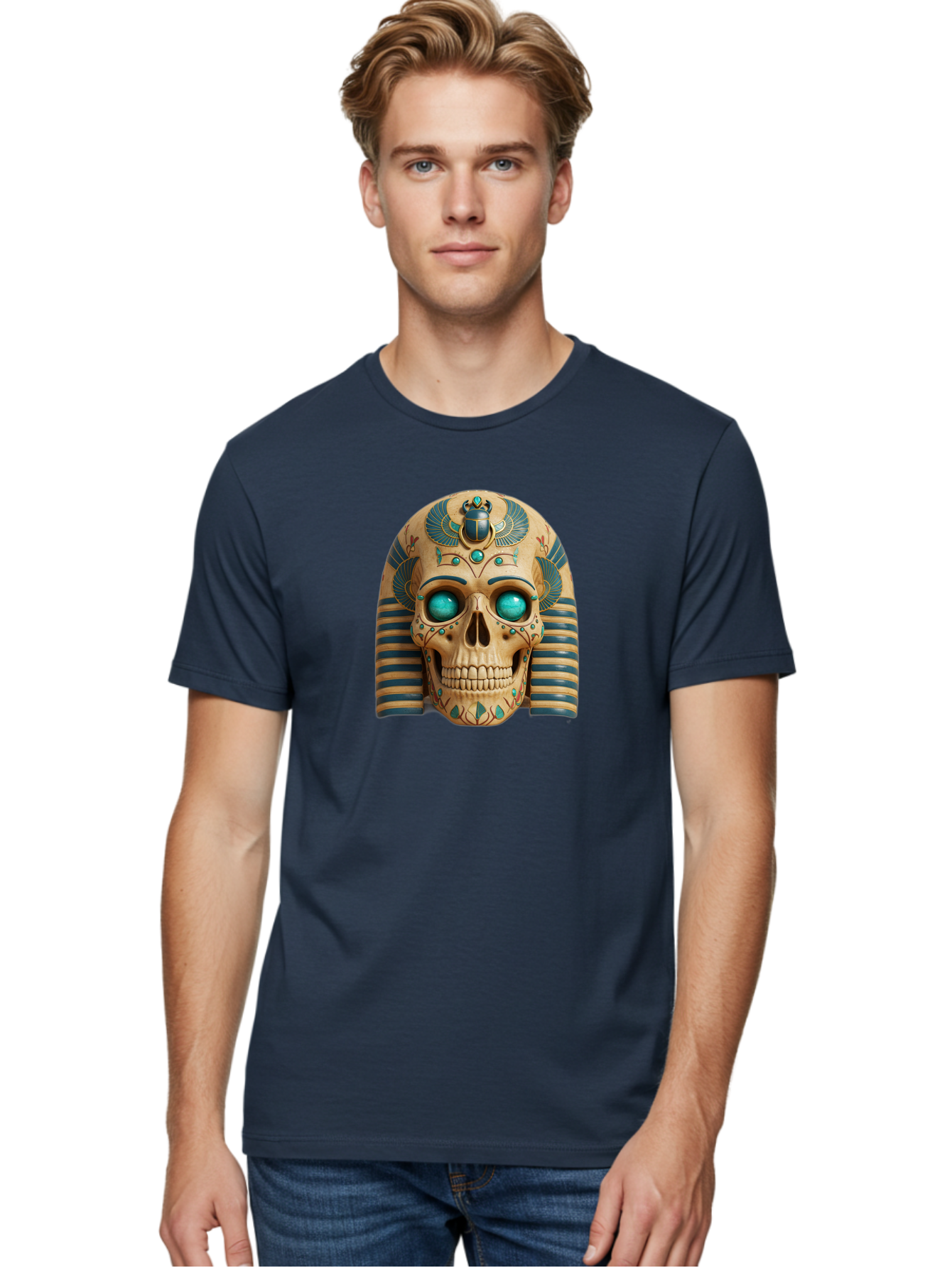 Skull-With-Egyptian-Headdress Men'S Graphic Tee, 100% Cotton, Comfortable Casual Summer Wear, Machine Washable, Ancient Egyptian Skull, Pharaoh'S Mask, Turquoise Gemstones, Blue Stripes, Scarab Beetle, Mystical Symbols, Intricate Designs, Bad608