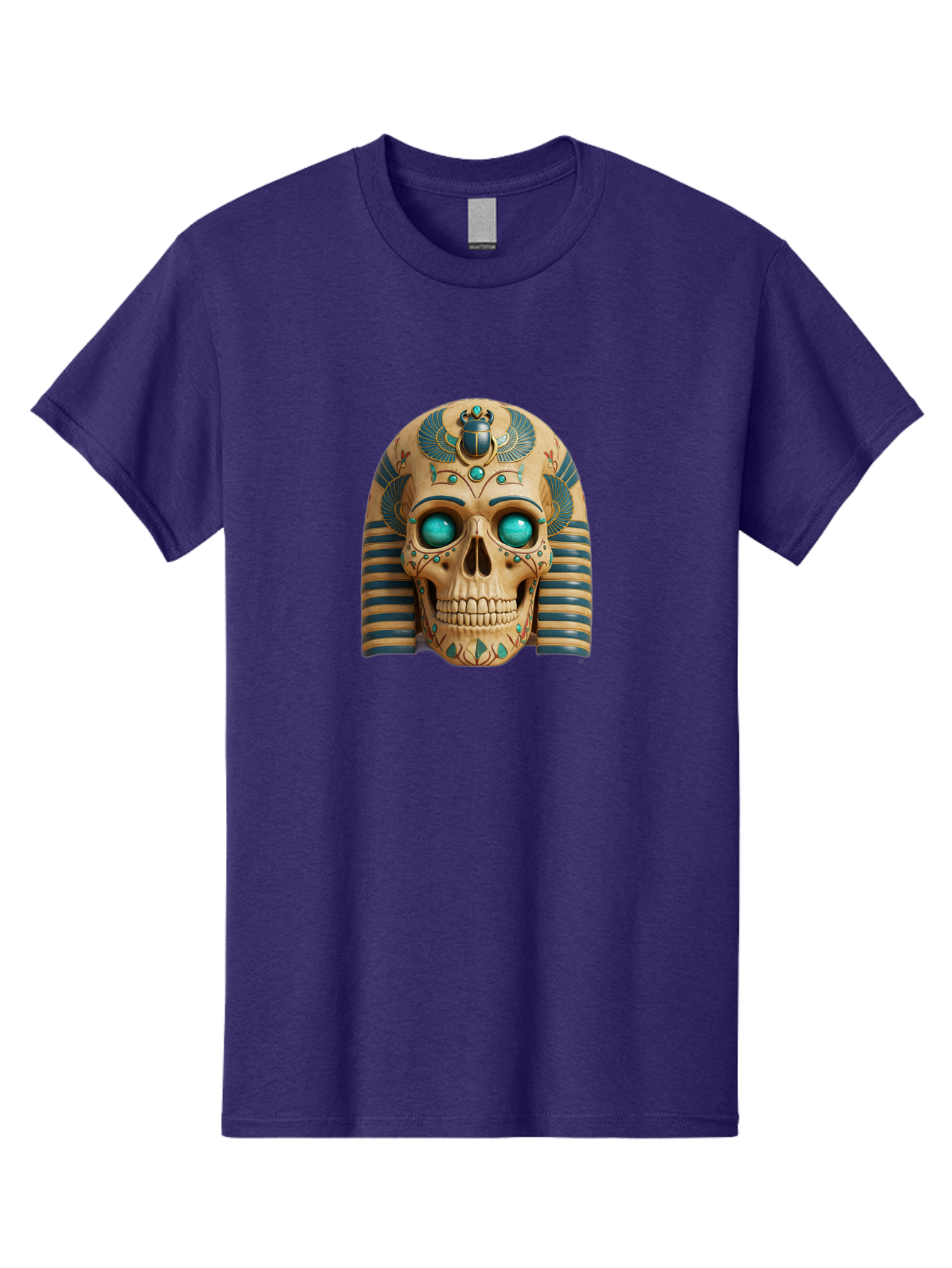 Skull-With-Egyptian-Headdress Men'S Graphic Tee, 100% Cotton, Comfortable Casual Summer Wear, Machine Washable, Ancient Egyptian Skull, Pharaoh'S Mask, Turquoise Gemstones, Blue Stripes, Scarab Beetle, Mystical Symbols, Intricate Designs, Bad608