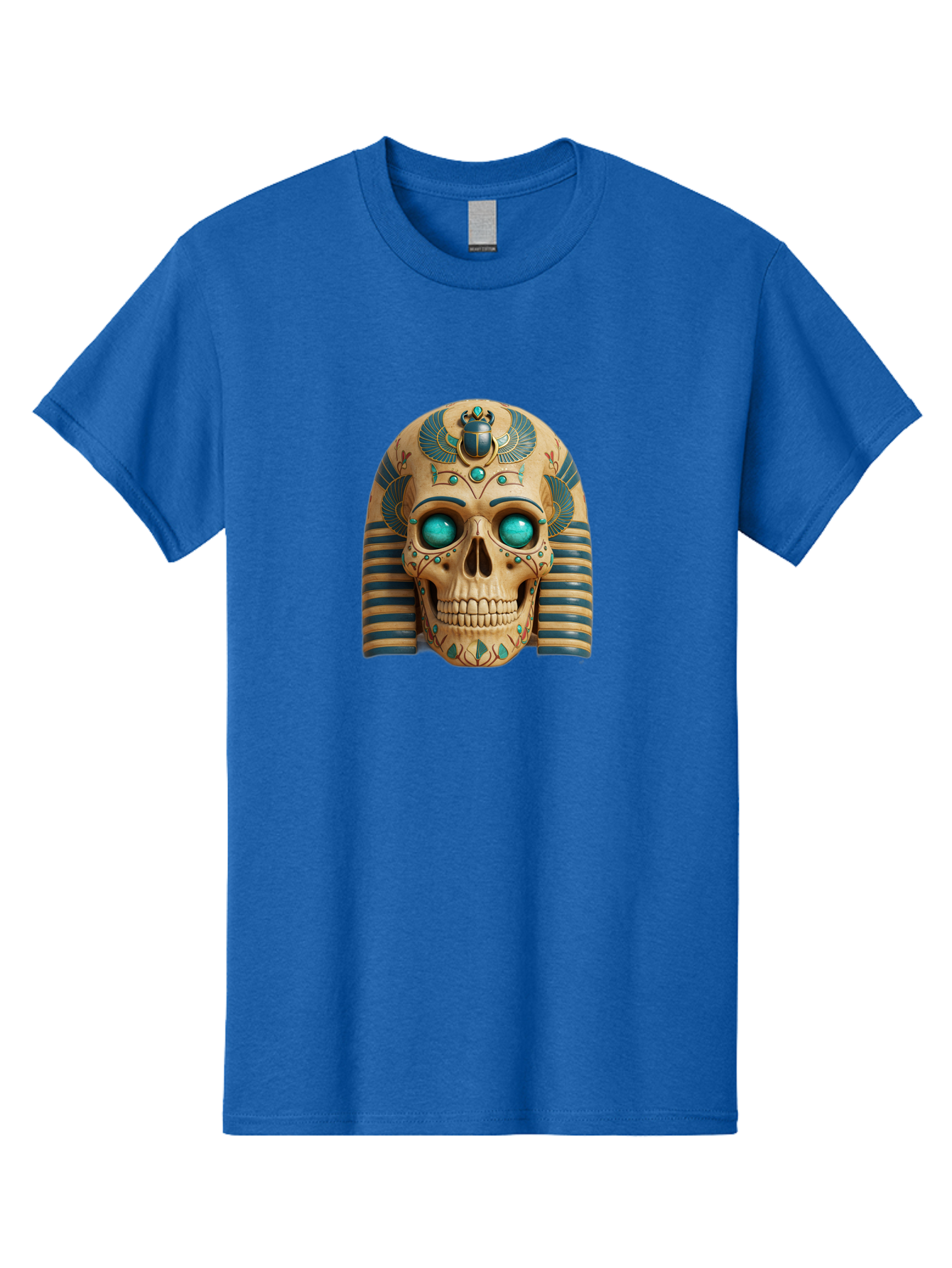 Skull-With-Egyptian-Headdress Men'S Graphic Tee, 100% Cotton, Comfortable Casual Summer Wear, Machine Washable, Ancient Egyptian Skull, Pharaoh'S Mask, Turquoise Gemstones, Blue Stripes, Scarab Beetle, Mystical Symbols, Intricate Designs, Bad608