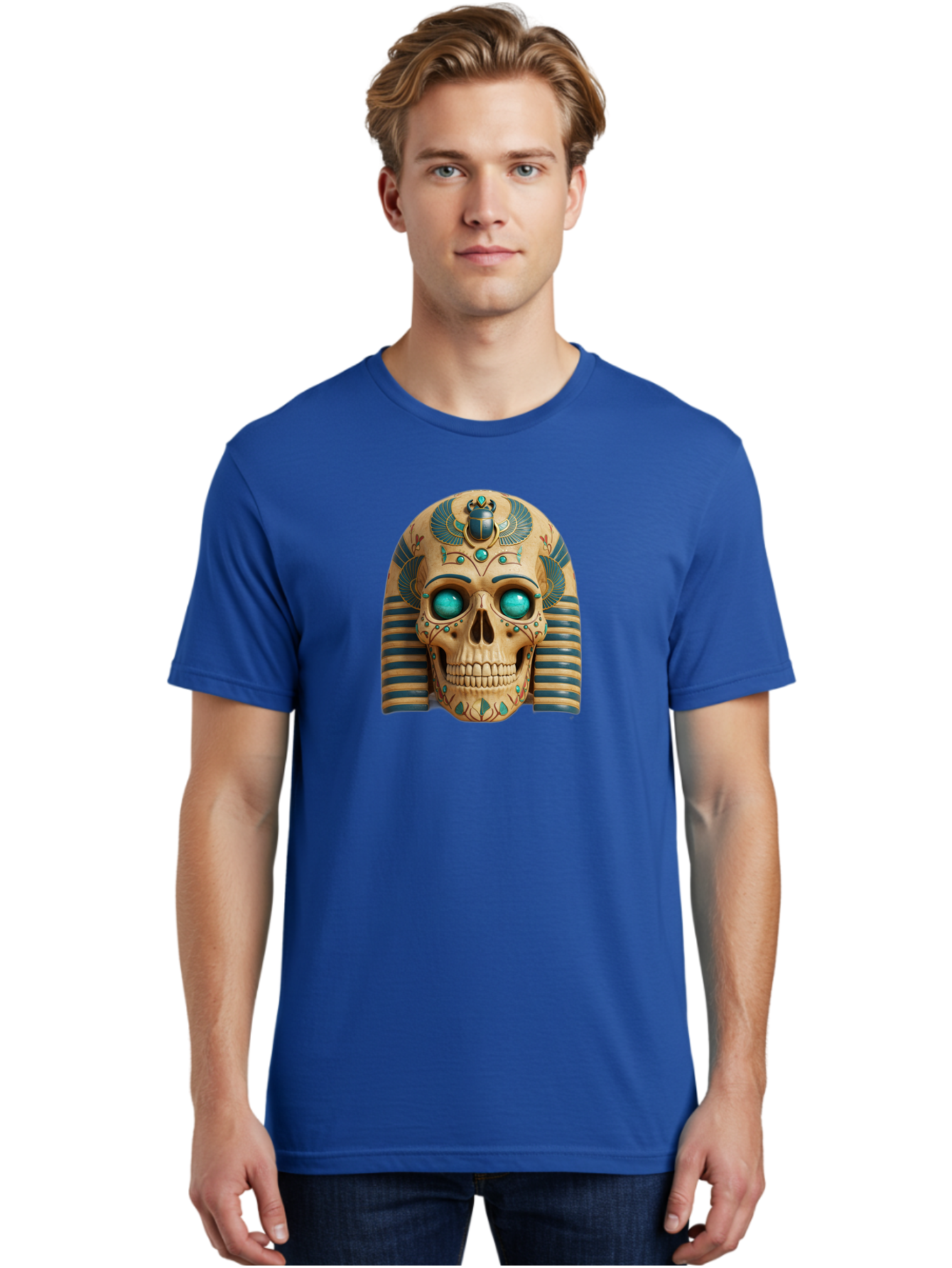Skull-With-Egyptian-Headdress Men'S Graphic Tee, 100% Cotton, Comfortable Casual Summer Wear, Machine Washable, Ancient Egyptian Skull, Pharaoh'S Mask, Turquoise Gemstones, Blue Stripes, Scarab Beetle, Mystical Symbols, Intricate Designs, Bad608