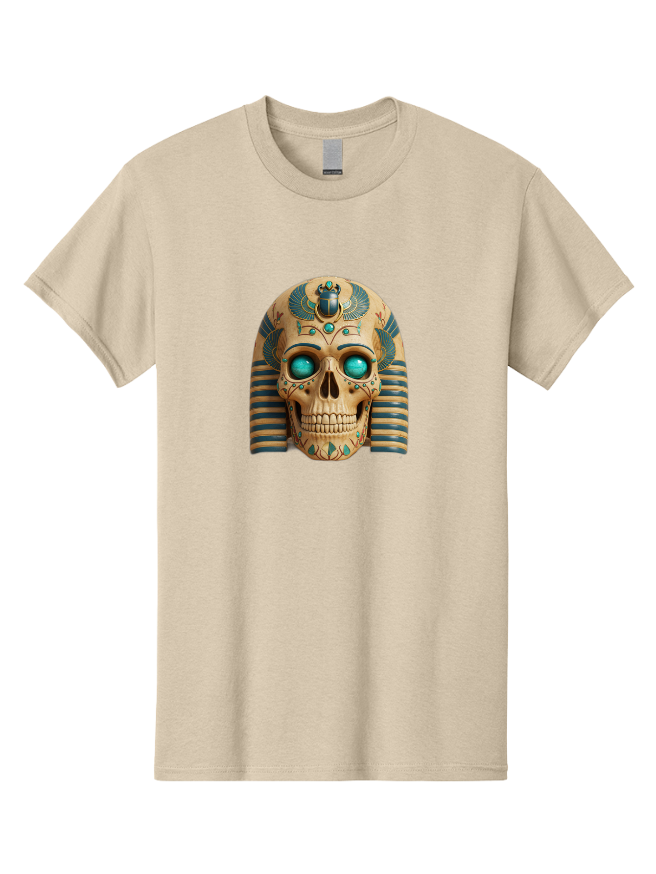 Skull-With-Egyptian-Headdress Men'S Graphic Tee, 100% Cotton, Comfortable Casual Summer Wear, Machine Washable, Ancient Egyptian Skull, Pharaoh'S Mask, Turquoise Gemstones, Blue Stripes, Scarab Beetle, Mystical Symbols, Intricate Designs, Bad608