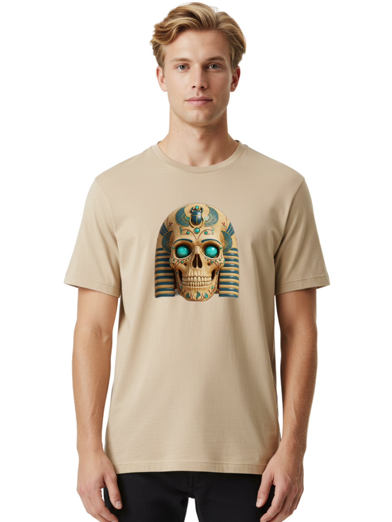 Skull-With-Egyptian-Headdress Men'S Graphic Tee, 100% Cotton, Comfortable Casual Summer Wear, Machine Washable, Ancient Egyptian Skull, Pharaoh'S Mask, Turquoise Gemstones, Blue Stripes, Scarab Beetle, Mystical Symbols, Intricate Designs, Bad608