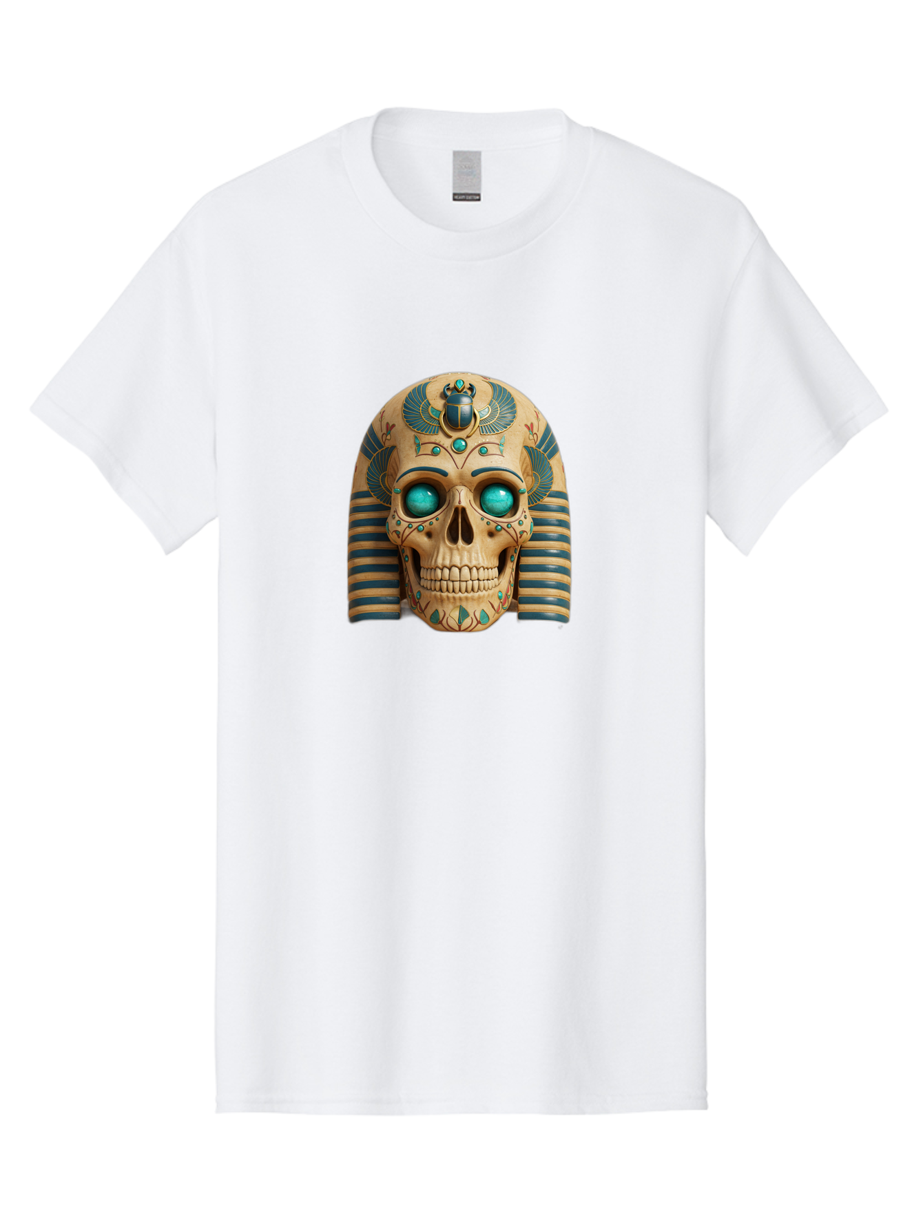 Skull-With-Egyptian-Headdress Men'S Graphic Tee, 100% Cotton, Comfortable Casual Summer Wear, Machine Washable, Ancient Egyptian Skull, Pharaoh'S Mask, Turquoise Gemstones, Blue Stripes, Scarab Beetle, Mystical Symbols, Intricate Designs, Bad608