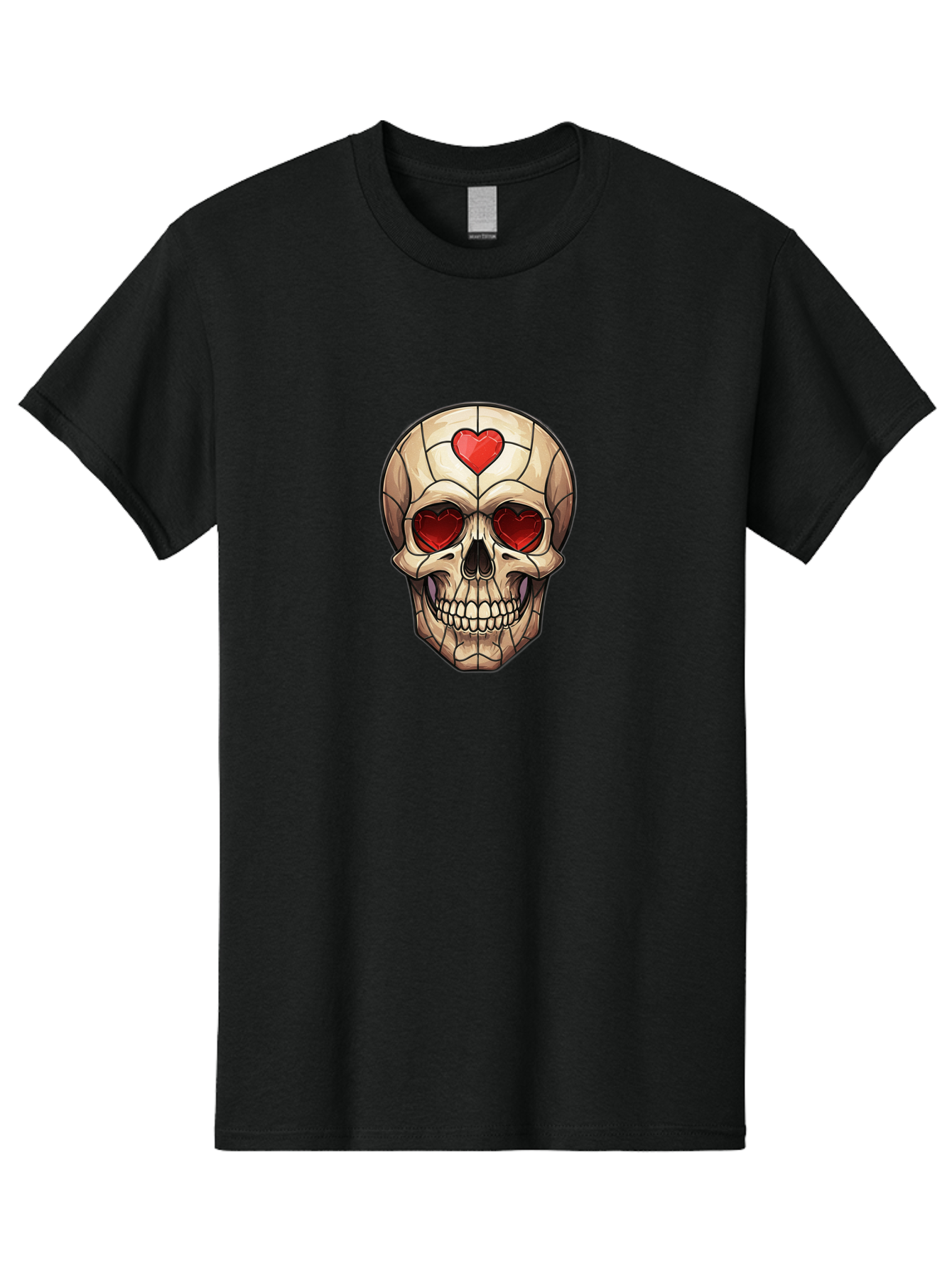 Skull-With-Heart-Eyes Men'S Graphic Tee, 100% Cotton, Comfortable Casual Summer Wear, Machine Washable, Cartoon Skull, Red Heart Eyes, Love Symbol, Grunge Art, Edgy Design, Tattoo Inspiration, Gothic Style, Heart-Shaped Eyes, Skull Art, Bad609