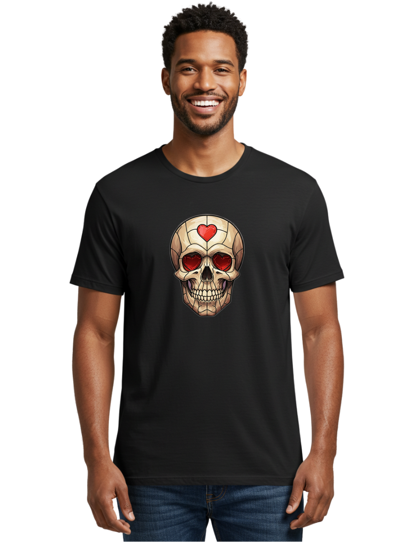 Skull-With-Heart-Eyes Men'S Graphic Tee, 100% Cotton, Comfortable Casual Summer Wear, Machine Washable, Cartoon Skull, Red Heart Eyes, Love Symbol, Grunge Art, Edgy Design, Tattoo Inspiration, Gothic Style, Heart-Shaped Eyes, Skull Art, Bad609