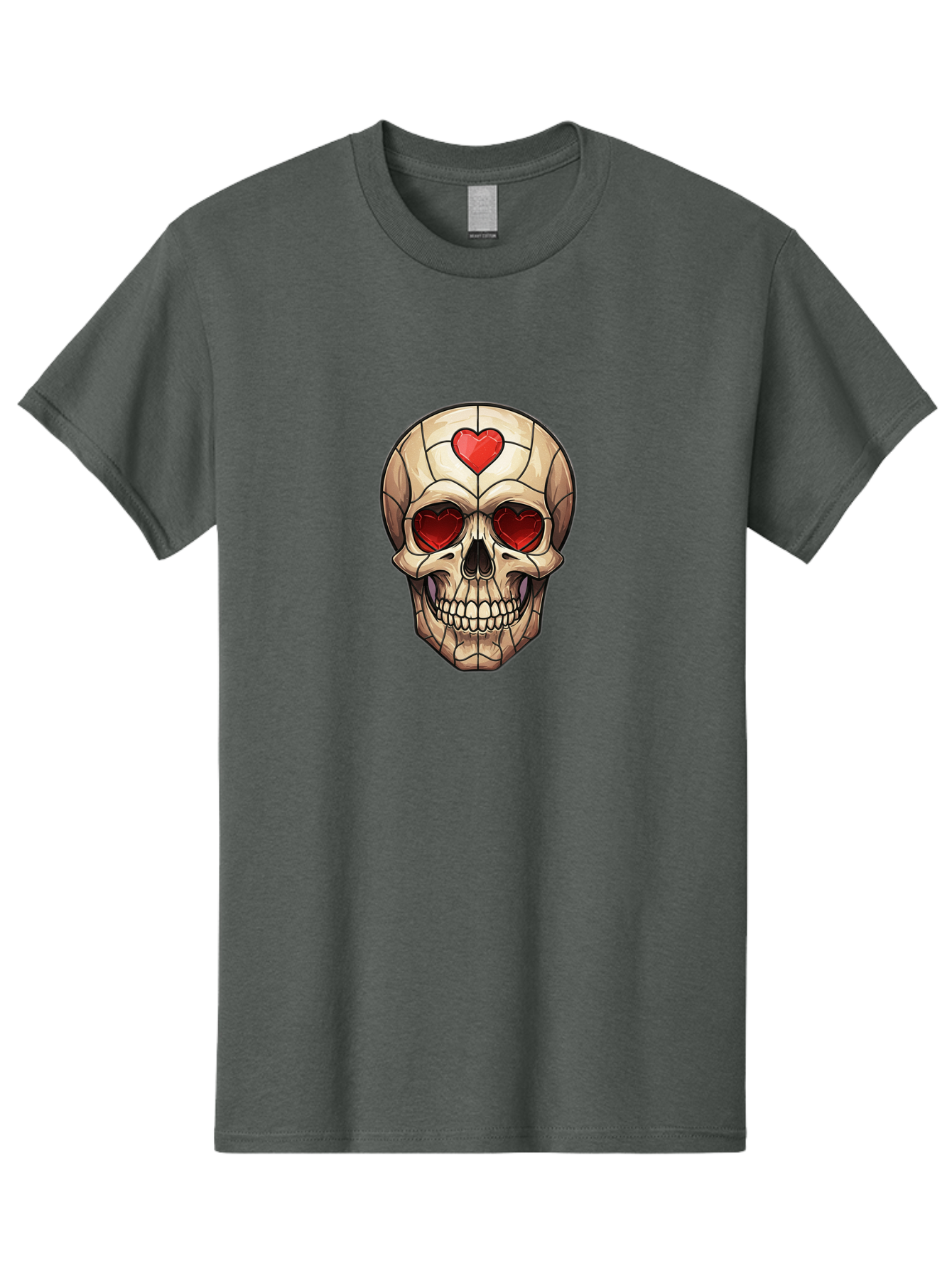 Skull-With-Heart-Eyes Men'S Graphic Tee, 100% Cotton, Comfortable Casual Summer Wear, Machine Washable, Cartoon Skull, Red Heart Eyes, Love Symbol, Grunge Art, Edgy Design, Tattoo Inspiration, Gothic Style, Heart-Shaped Eyes, Skull Art, Bad609