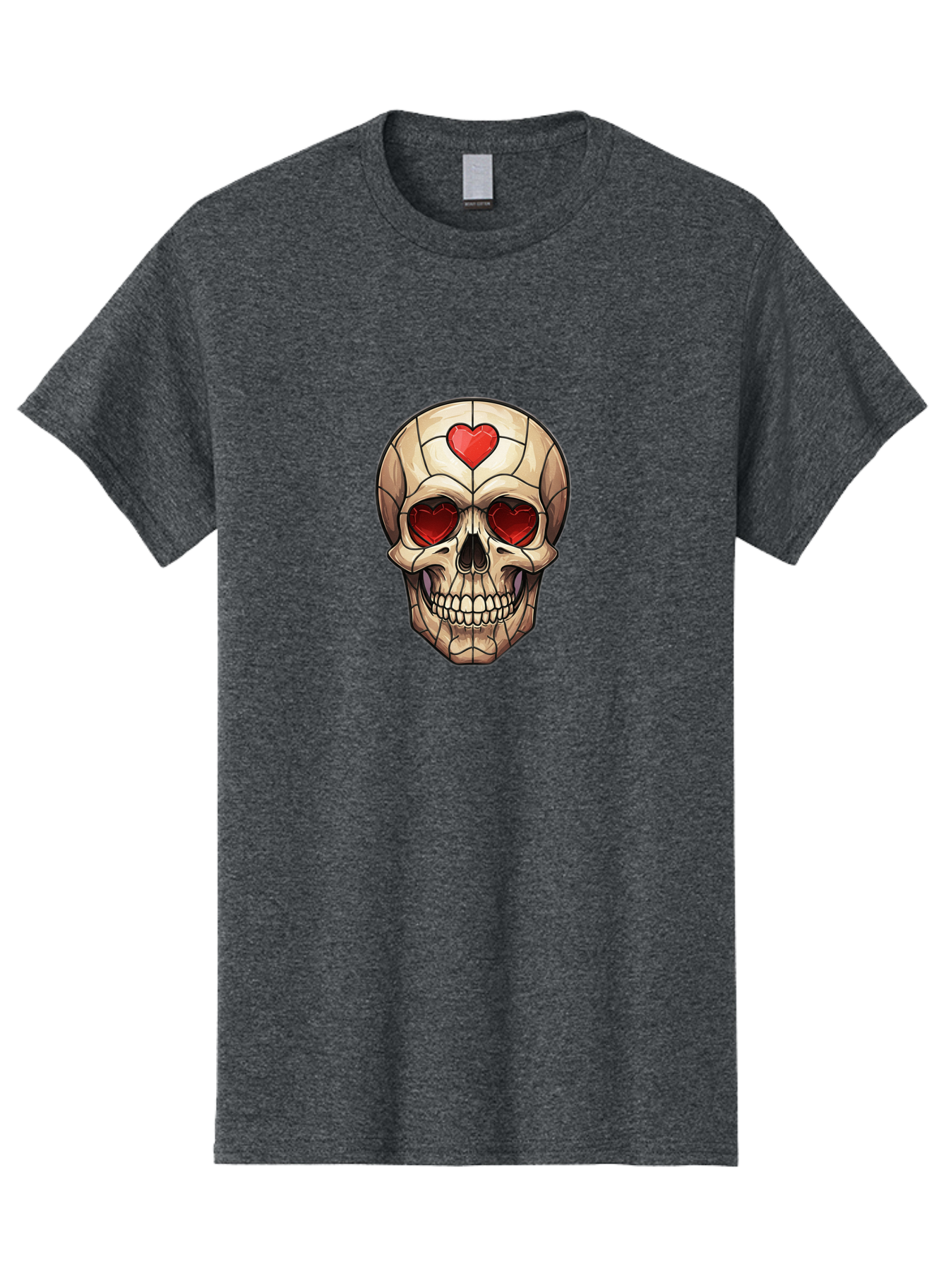 Skull-With-Heart-Eyes Men'S Graphic Tee, 100% Cotton, Comfortable Casual Summer Wear, Machine Washable, Cartoon Skull, Red Heart Eyes, Love Symbol, Grunge Art, Edgy Design, Tattoo Inspiration, Gothic Style, Heart-Shaped Eyes, Skull Art, Bad609